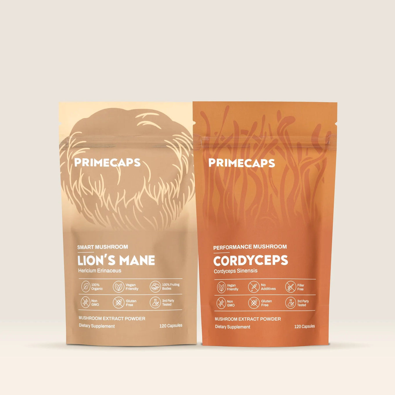 PRIMECAPS Lion’s Mane and Cordyceps pouches standing side by side as the Brain and Body Kit.