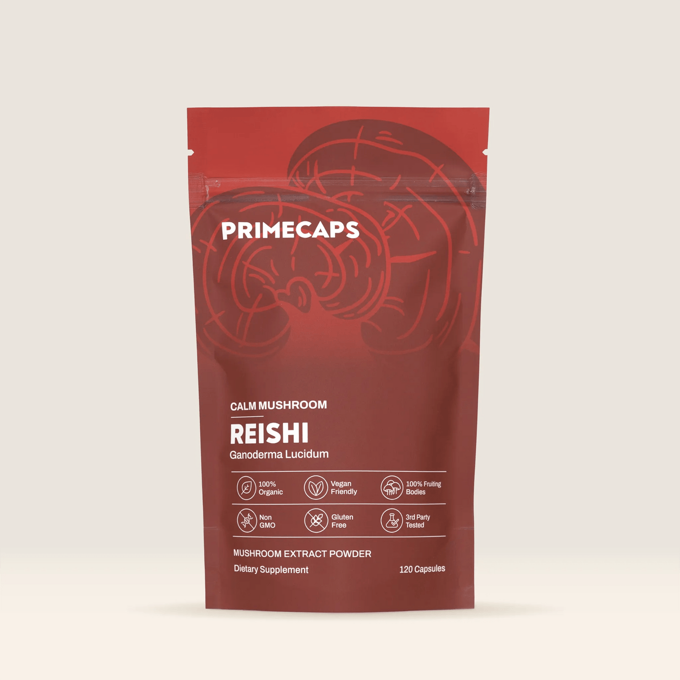 PRIMECAPS Reishi calm mushroom supplement pouch, premium organic stand-up packaging