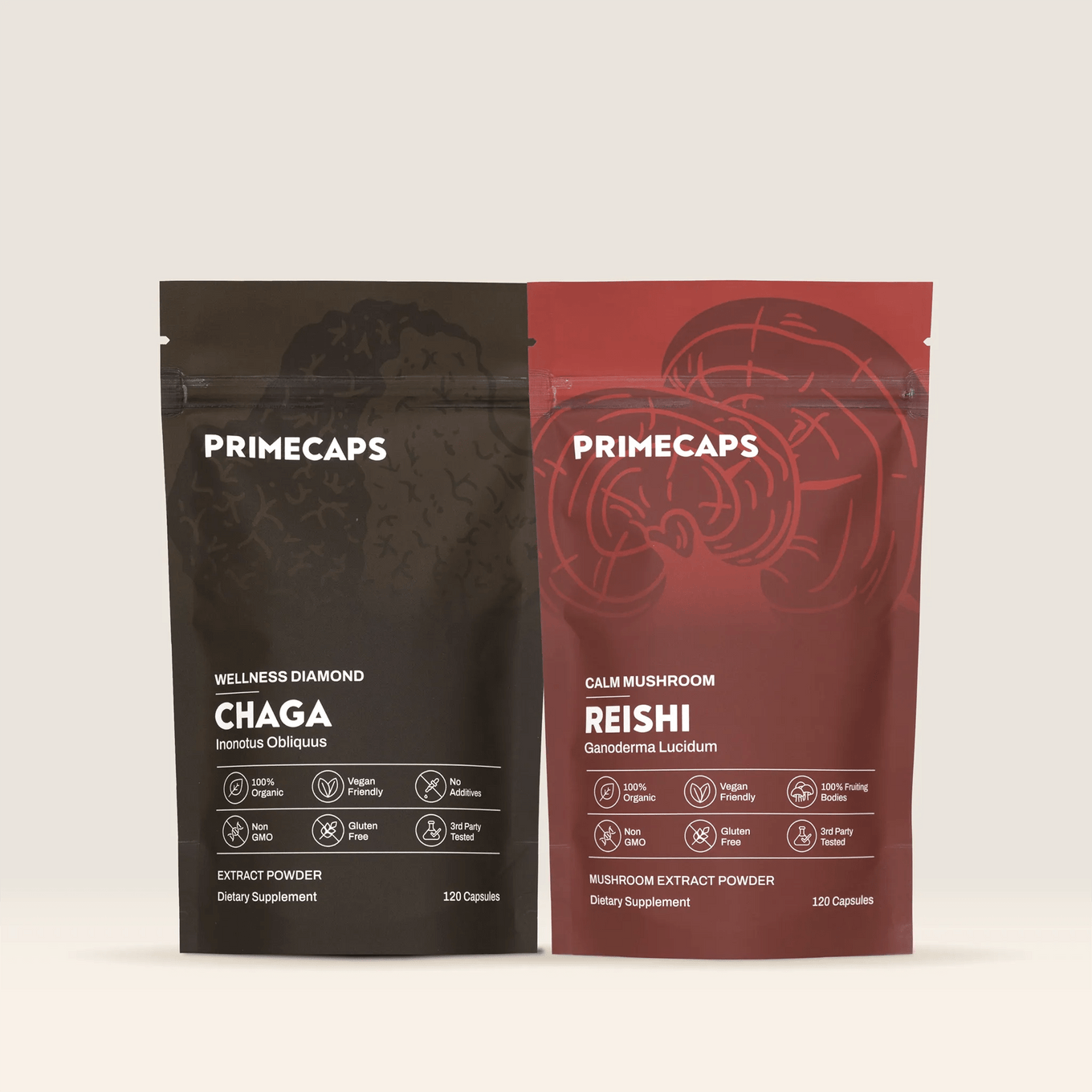 PRIMECAPS Chaga and Reishi pouches standing together in the Deep Defense Kit.