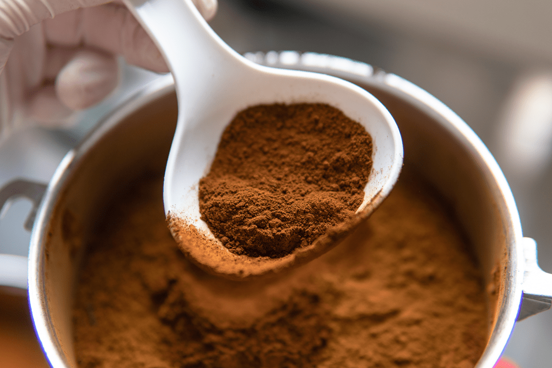 dark mushroom exract powder and a spoon