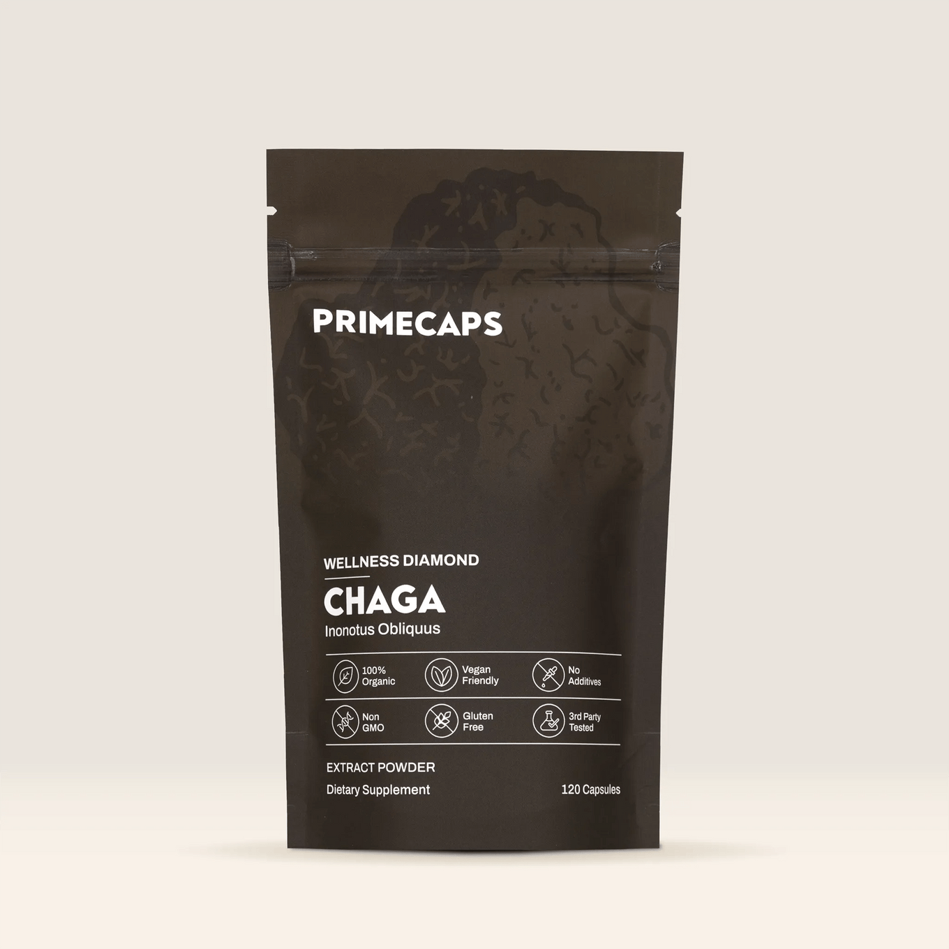 RIMECAPS Chaga mushroom supplement pouch, premium organic stand-up packaging