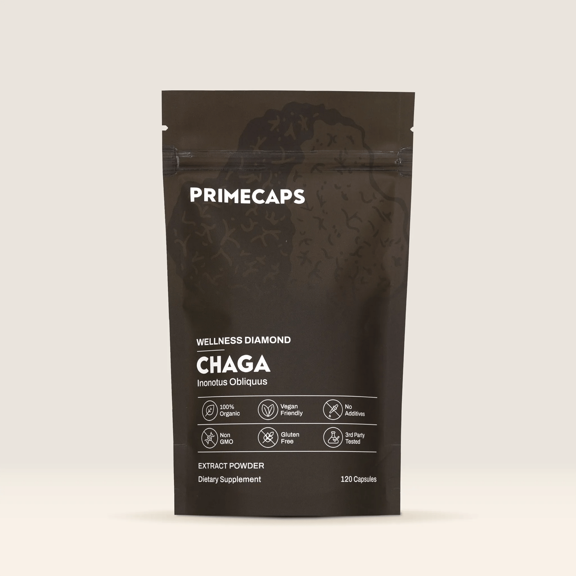 RIMECAPS Chaga mushroom supplement pouch, premium organic stand-up packaging