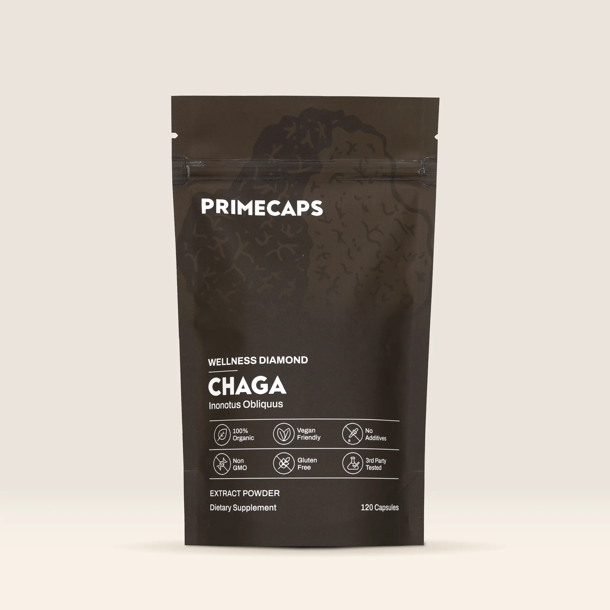 RIMECAPS Chaga mushroom supplement pouch, premium organic stand-up packaging