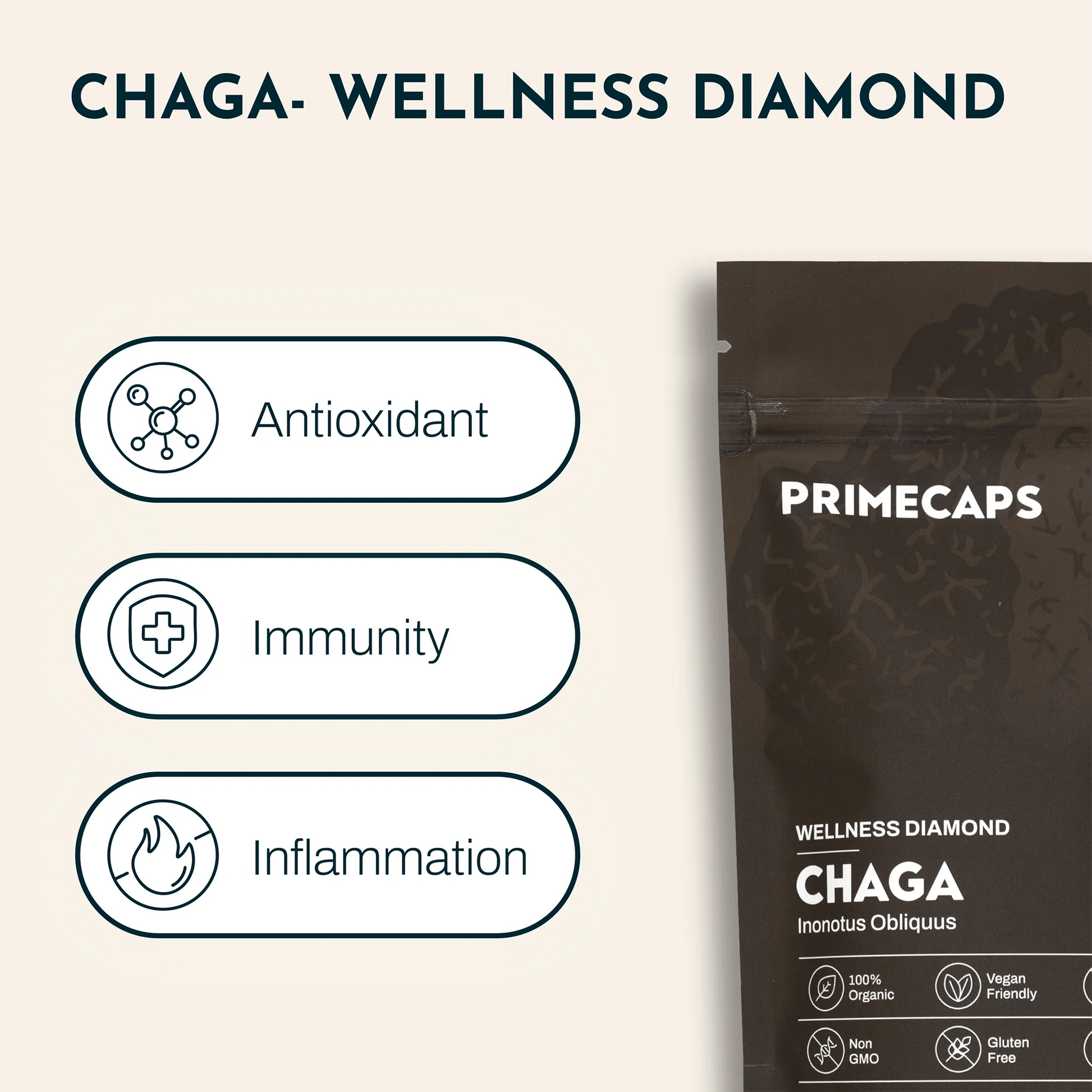 PRIMECAPS Chaga pouch showing benefits: antioxidant, immunity, inflammation support