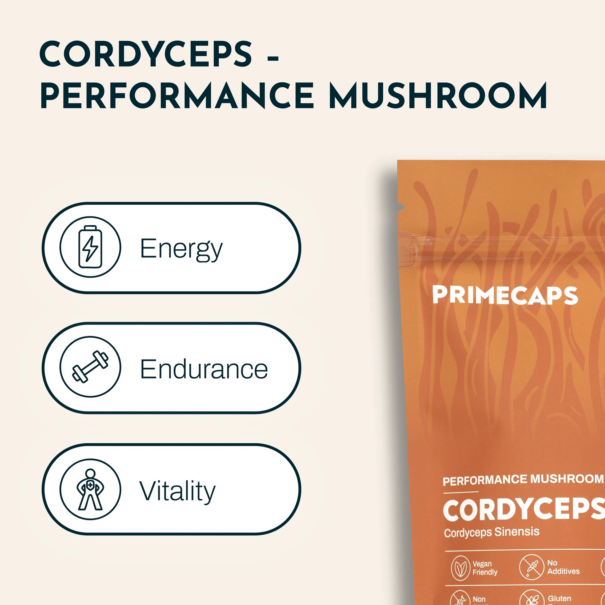 RIMECAPS Cordyceps sinensis pouch showing benefits: energy, endurance, vitality