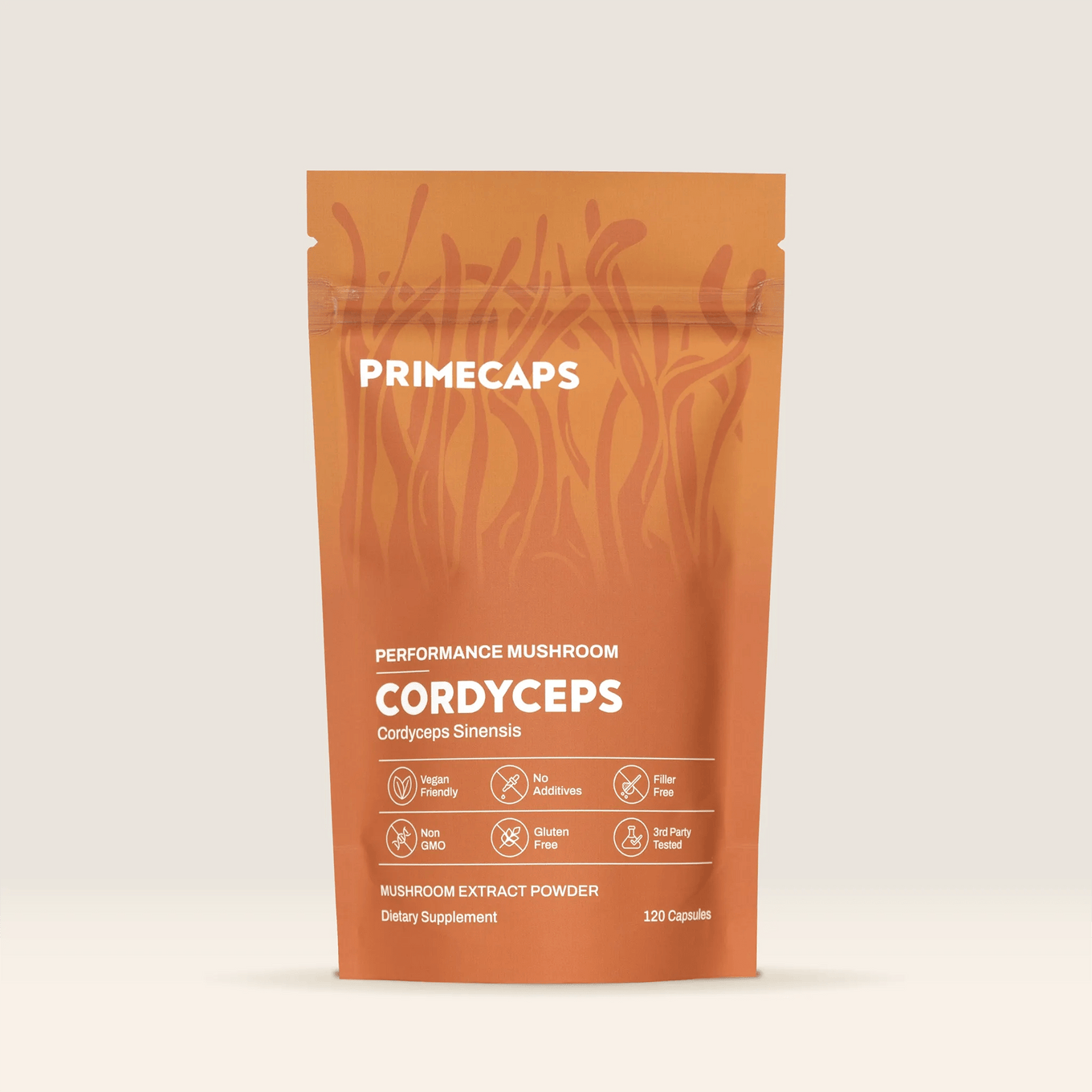 RIMECAPS Cordyceps sinensis performance mushroom supplement pouch, premium organic stand-up packaging