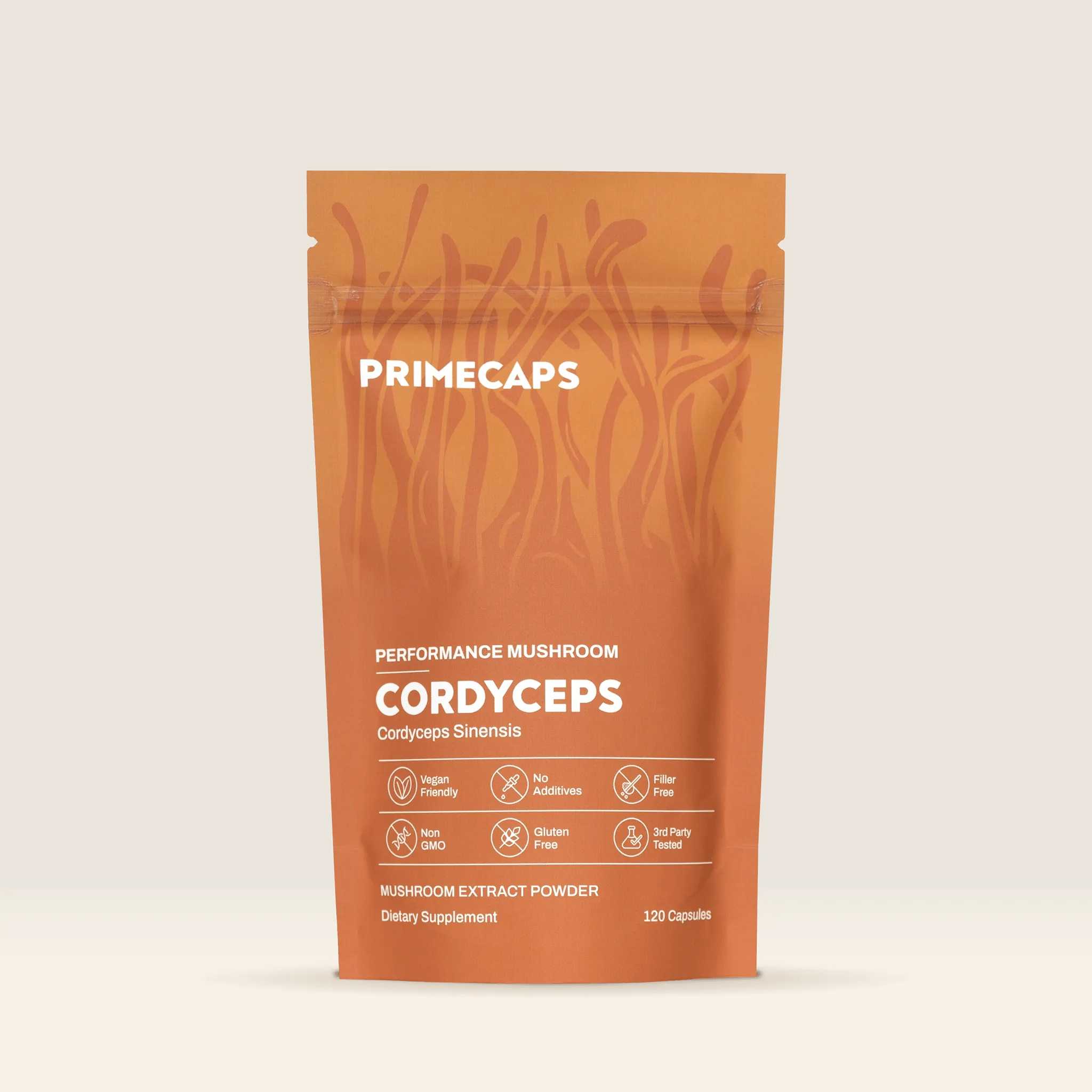 RIMECAPS Cordyceps sinensis performance mushroom supplement pouch, premium organic stand-up packaging