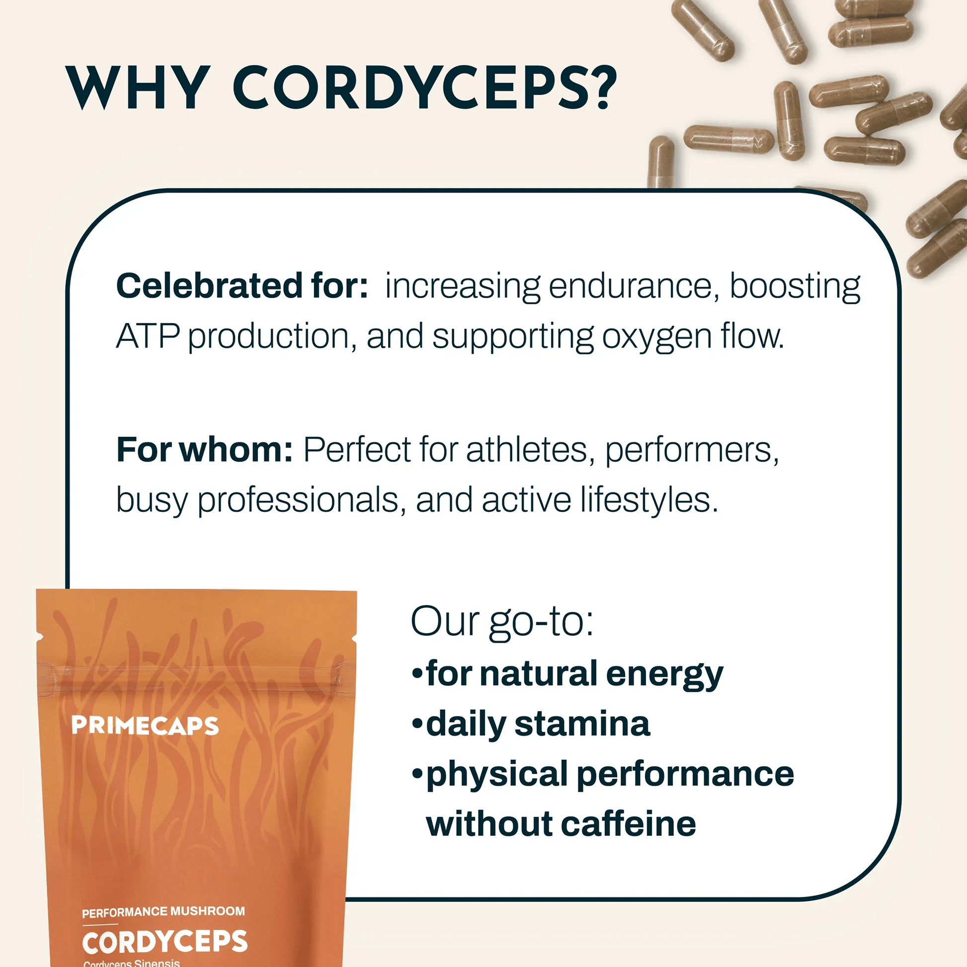 PRIMECAPS Cordyceps sinensis performance mushroom with an explanation of its benefits and who it may be useful for