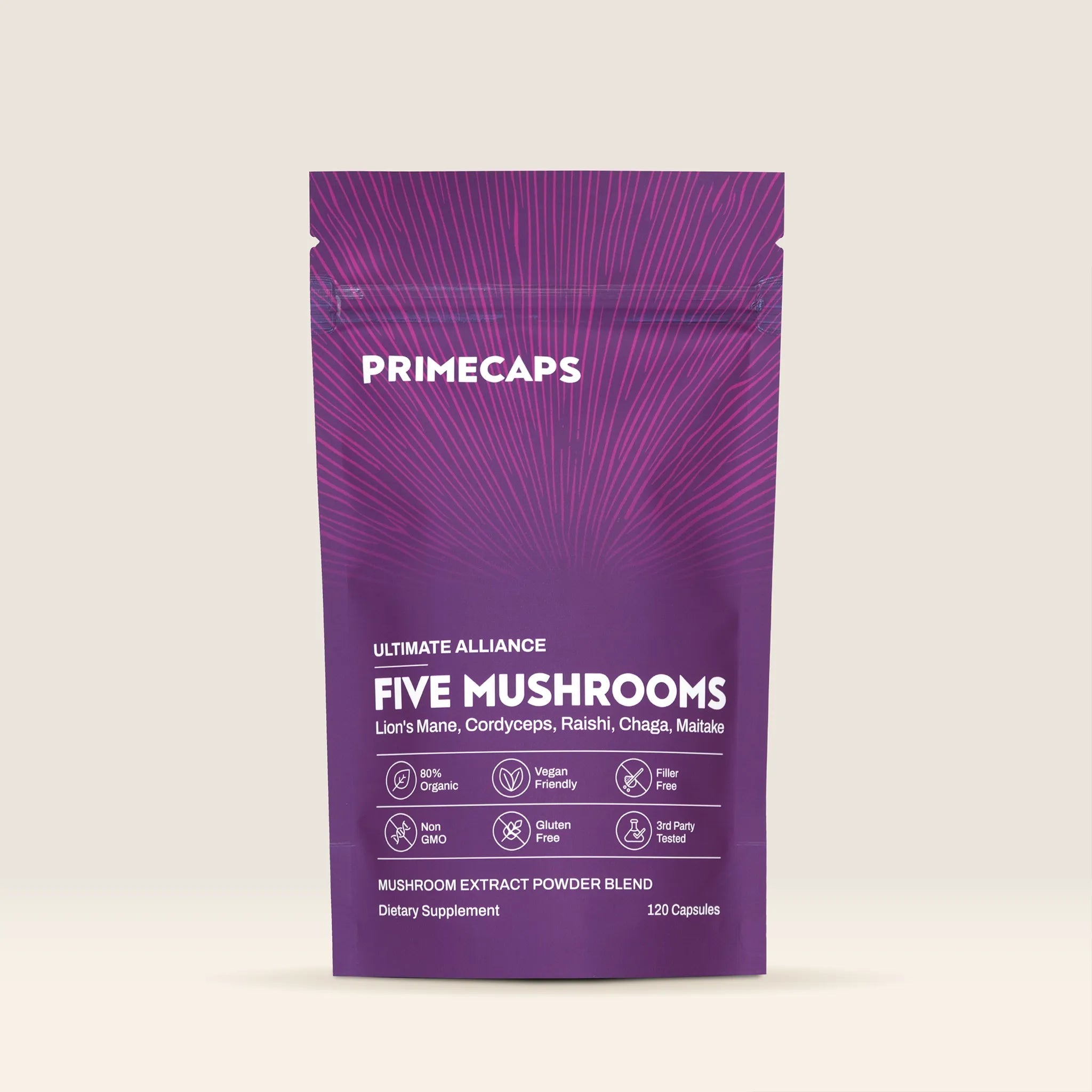PRIMECAPS Five Mushroom Blend supplement pouch, premium organic stand-up packaging