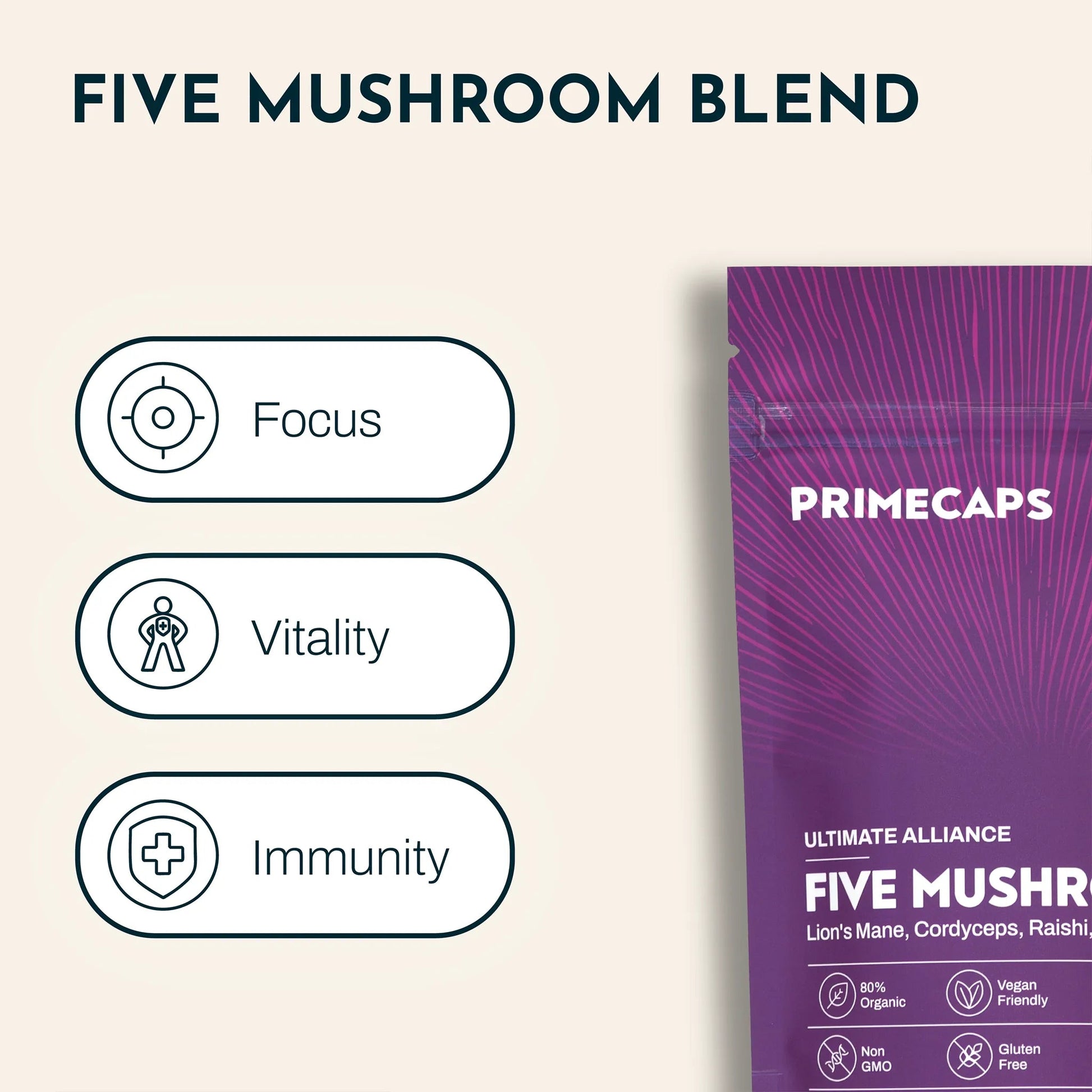 RIMECAPS Five Mushroom Blend pouch showing benefits: focus, vitality, immunity