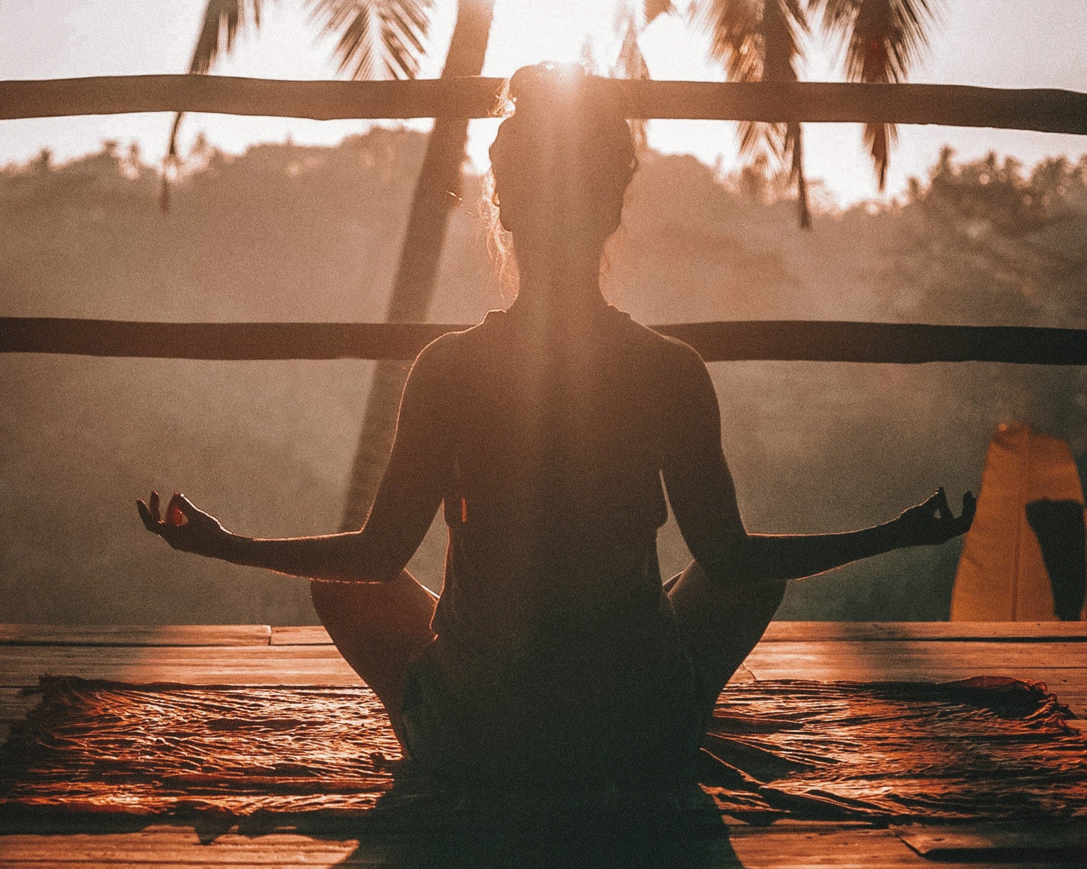 Person meditating with back to camera on a wooden platform with palm trees and sunset in background
