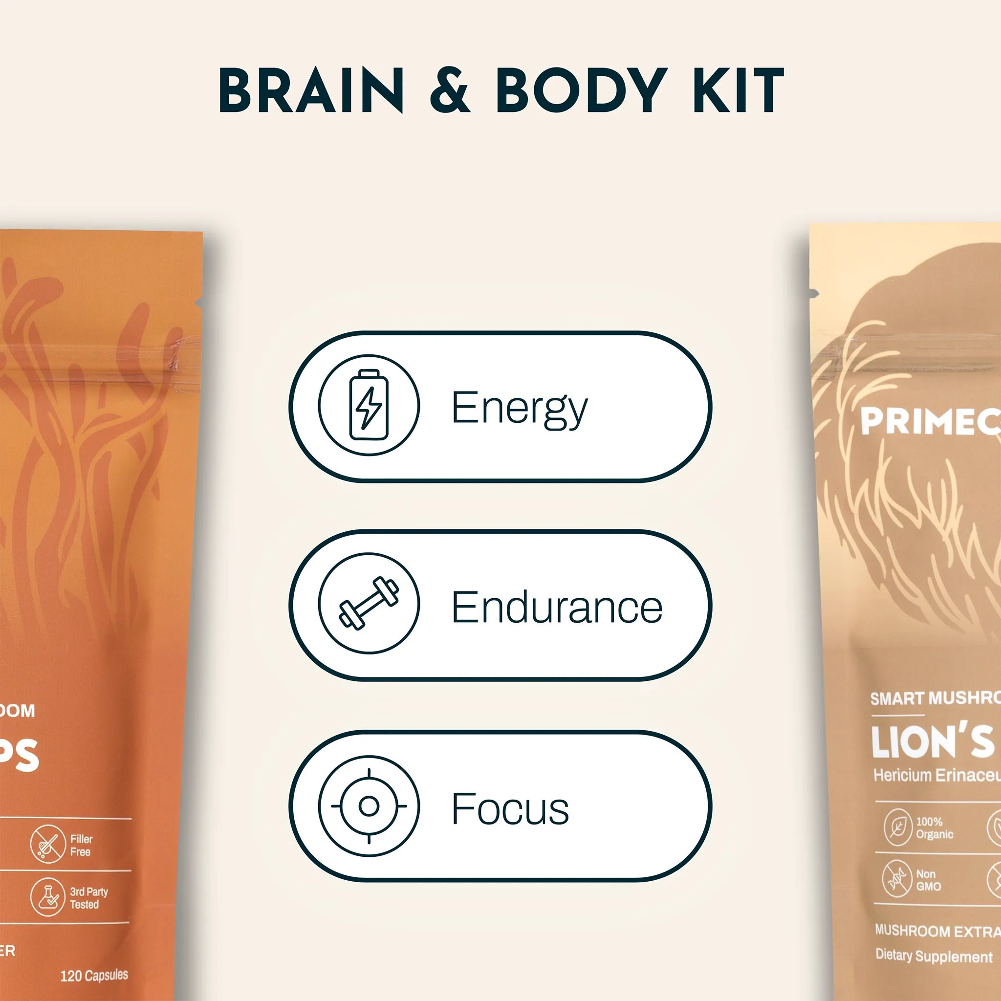 PRIMECAPS Lion’s Mane and Cordyceps pouches with highlighted benefits: energy, endurance, focus.