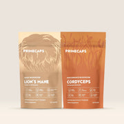 PRIMECAPS Lion’s Mane and Cordyceps pouches standing side by side as the Brain and Body Kit.