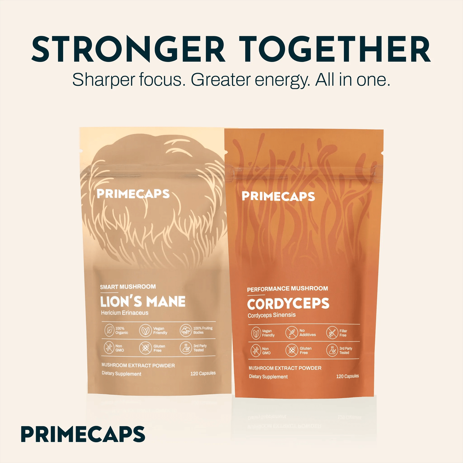 PRIMECAPS Lion’s Mane and Cordyceps pouches with the “Brain and Body Kit” slogan above.
