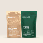 PRIMECAPS Lion’s Mane and Maitake pouches standing together in the Dual Intelligence Kit.
