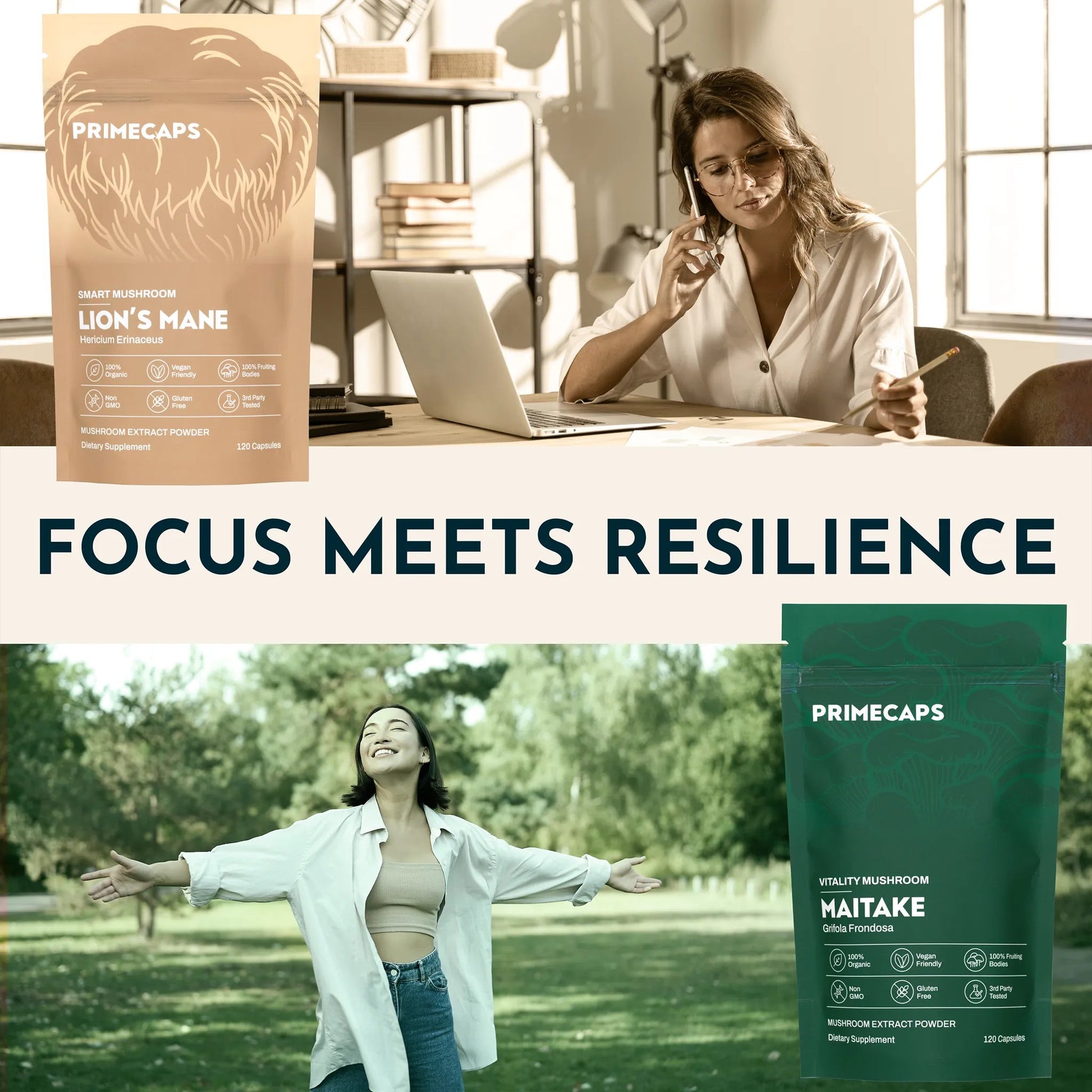 PRIMECAPS Lion’s Mane & Maitake Dual Intelligence Kit with lifestyle scenes highlighting clarity, vitality and resilience.