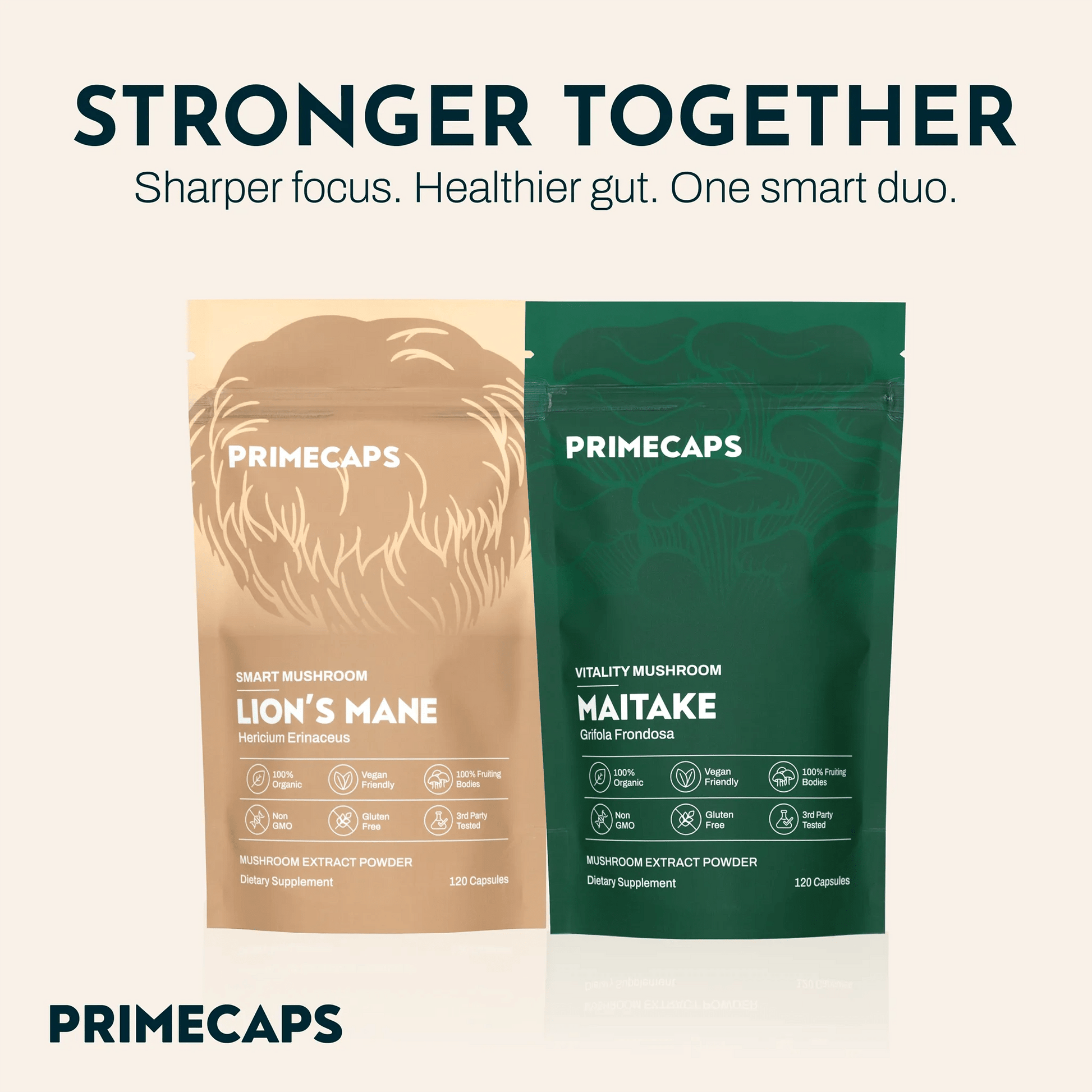 PRIMECAPS Lion’s Mane and Maitake pouches with the “Dual Intelligence Kit” slogan displayed above.