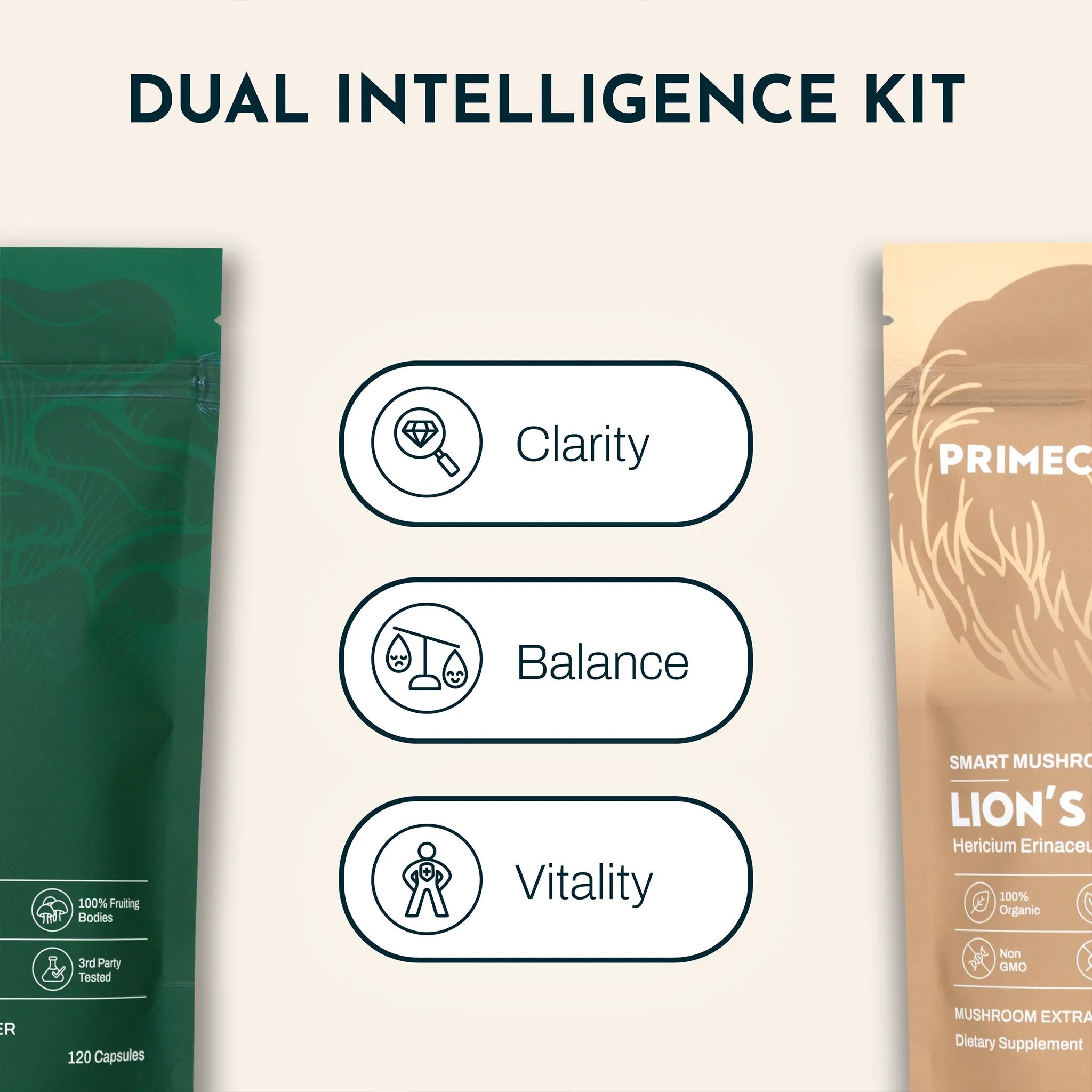 PRIMECAPS Lion’s Mane and Maitake pouches with benefits shown: clarity, balance, vitality.
