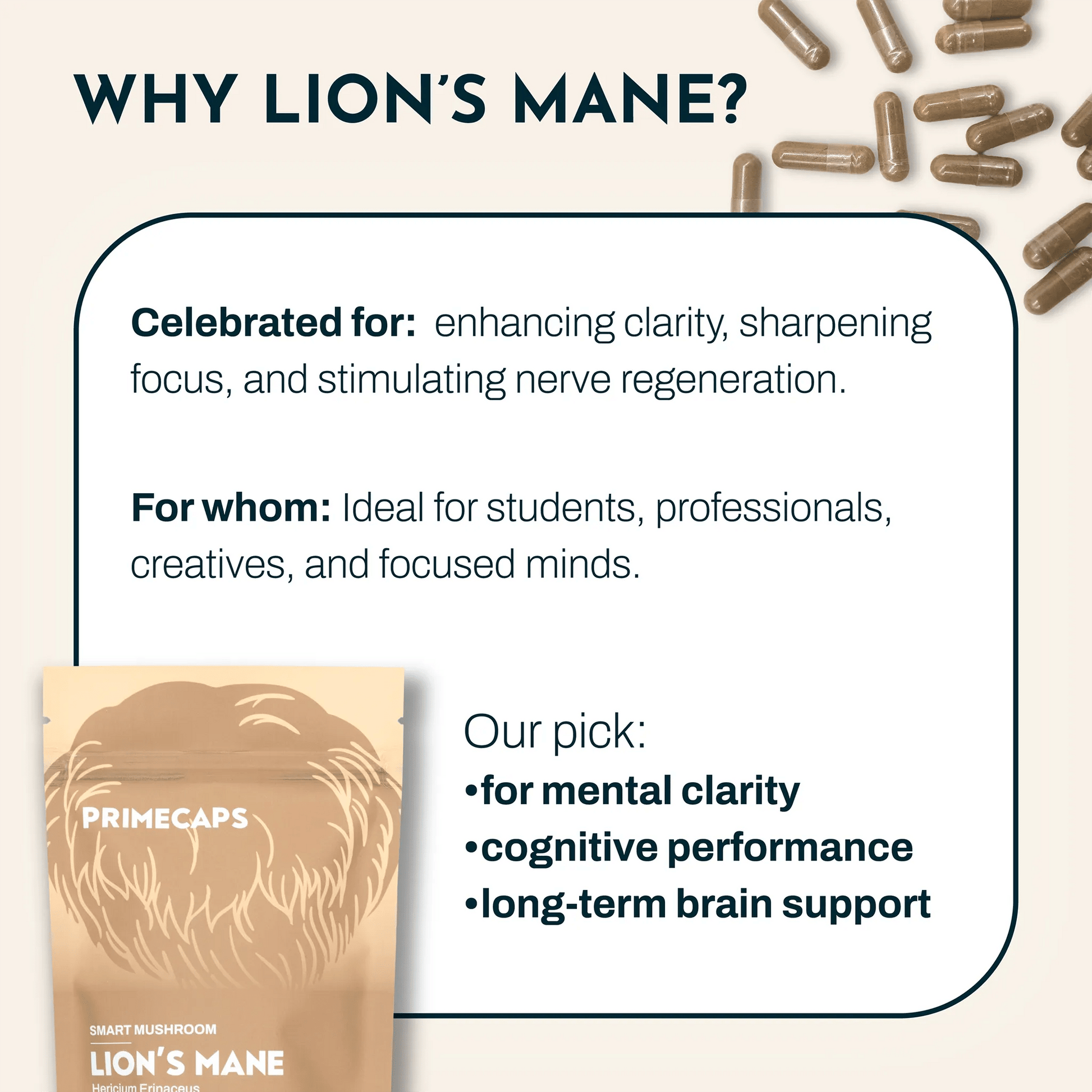 PRIMECAPS Lion’s Mane smart mushroom with explanation of benefits and suitable users