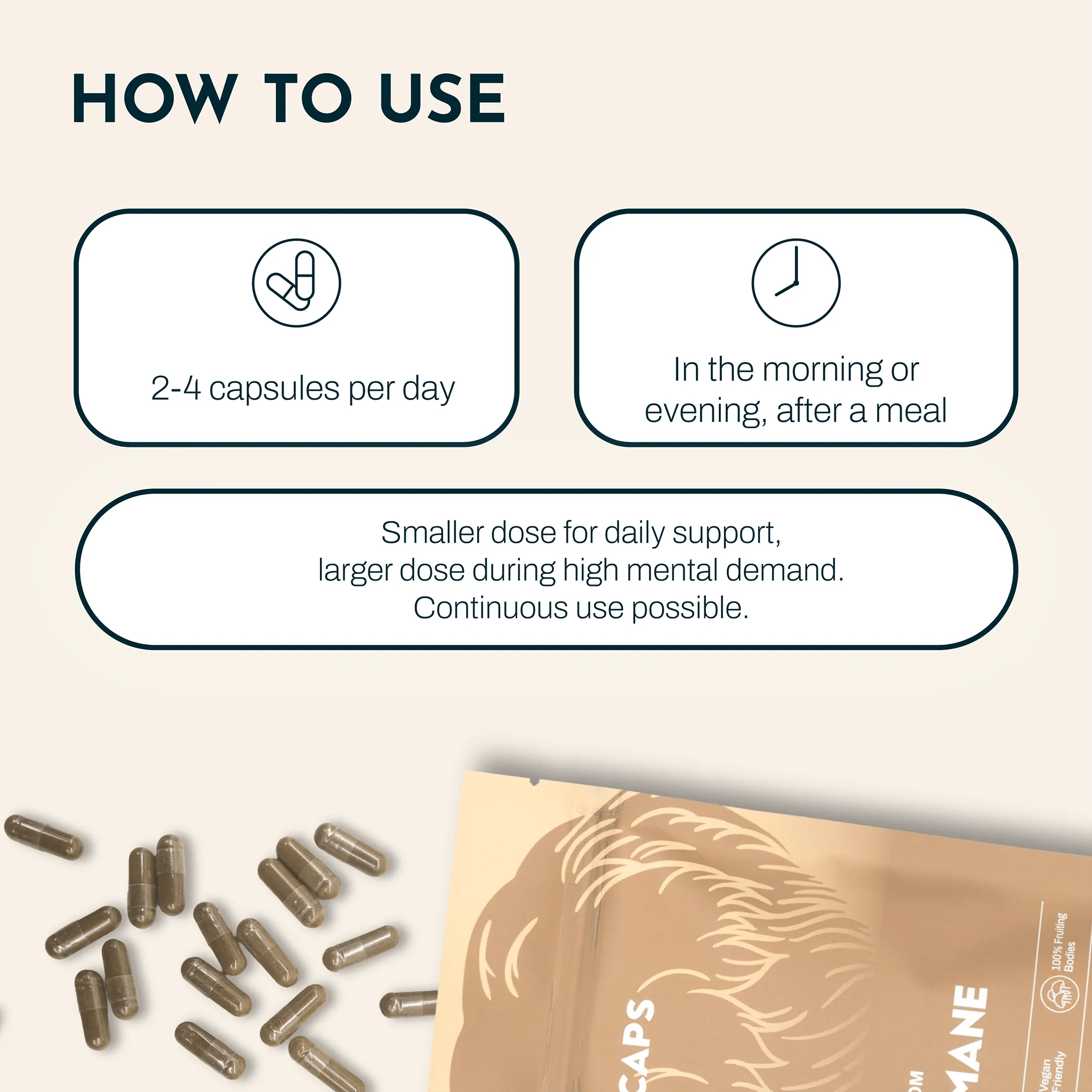 PRIMECAPS Lion’s Mane supplement with capsule dosage and usage instructions