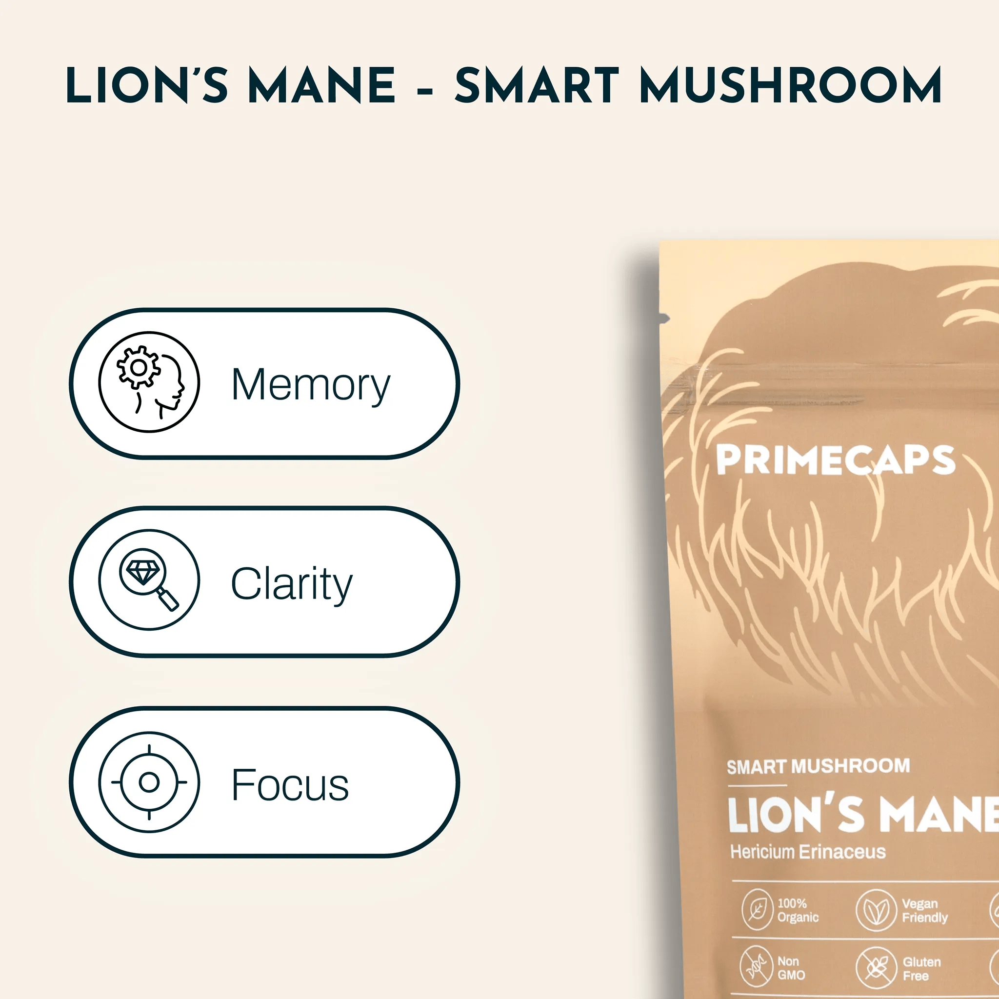 PRIMECAPS Lion’s Mane pouch showing benefits: memory, clarity, focus