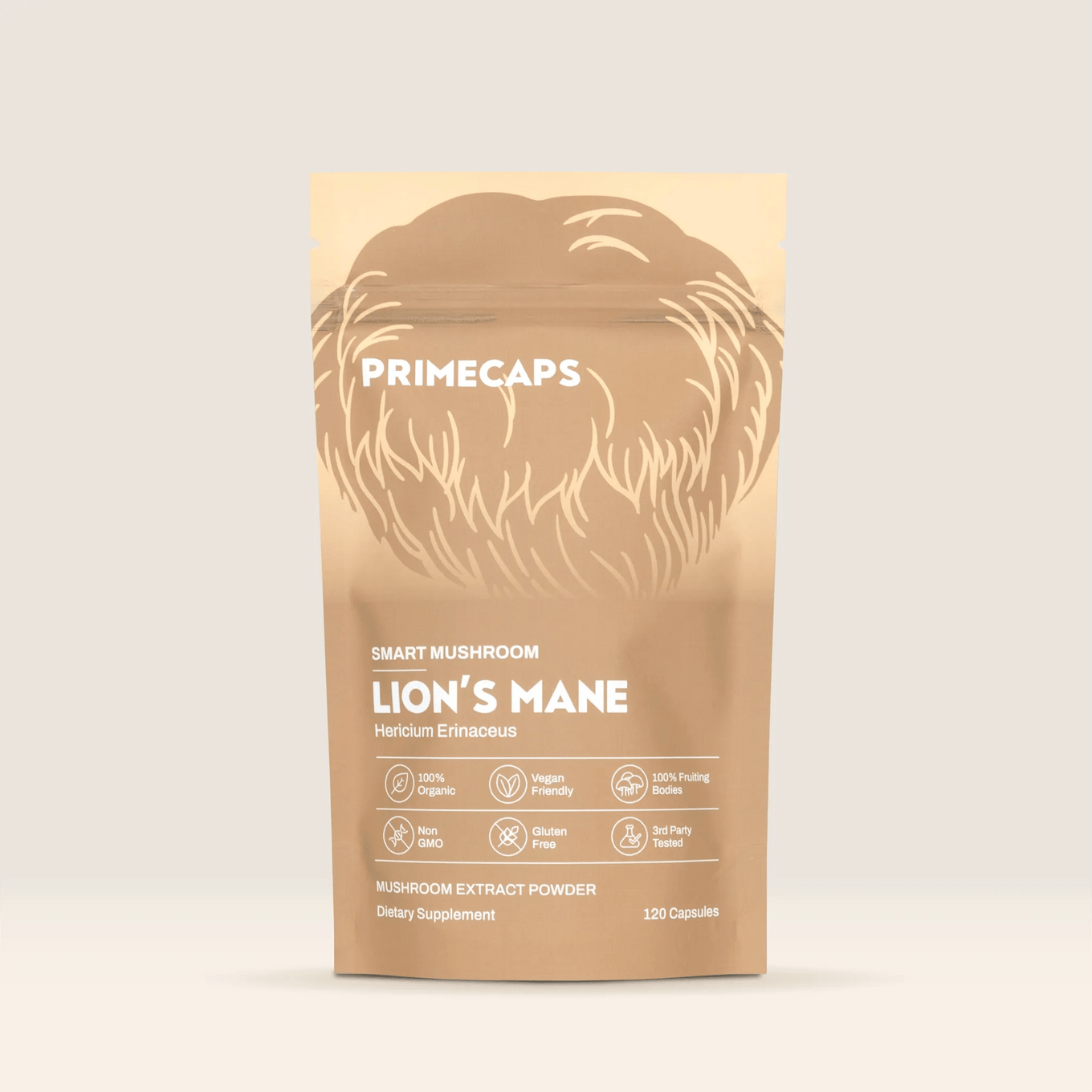 PRIMECAPS Lion’s Mane smart mushroom extract supplement pouch, stand-up packaging on light backround. showing 120 capsules