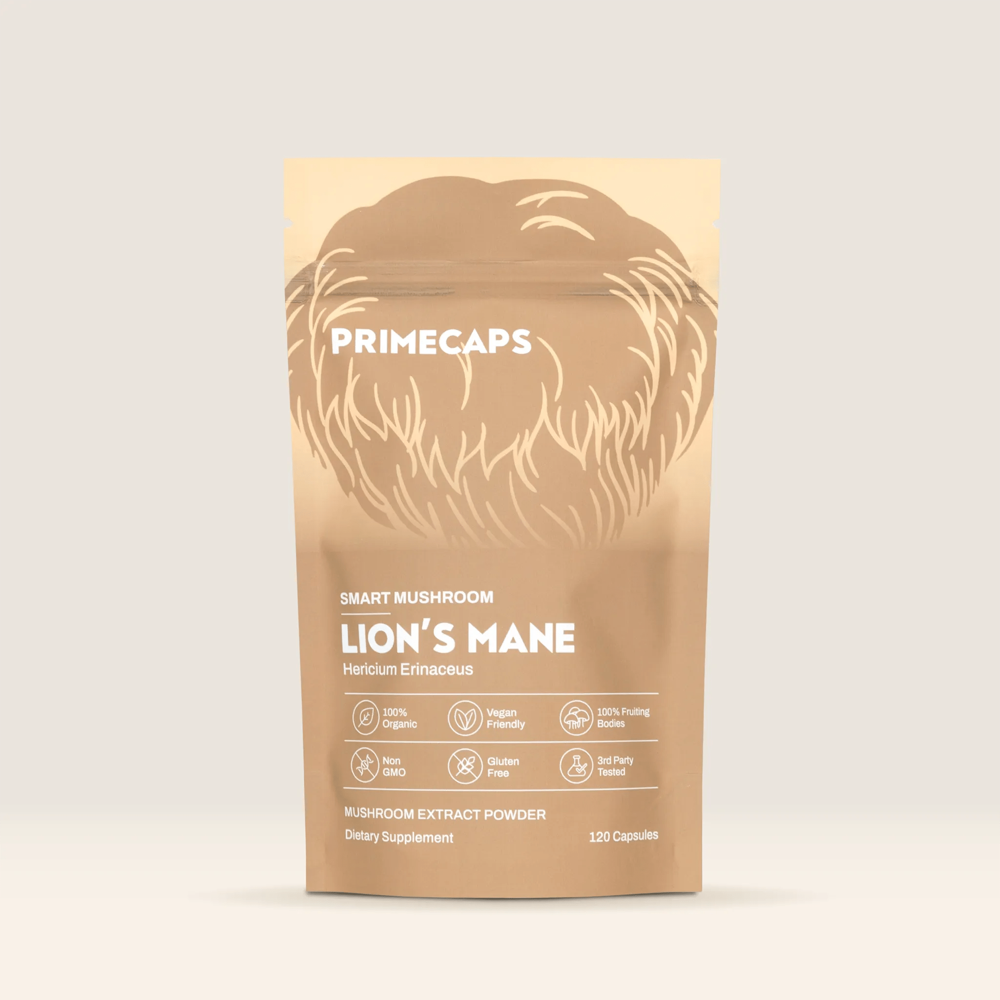 PRIMECAPS Lion’s Mane smart mushroom extract supplement pouch, stand-up packaging on light backround. showing 120 capsules