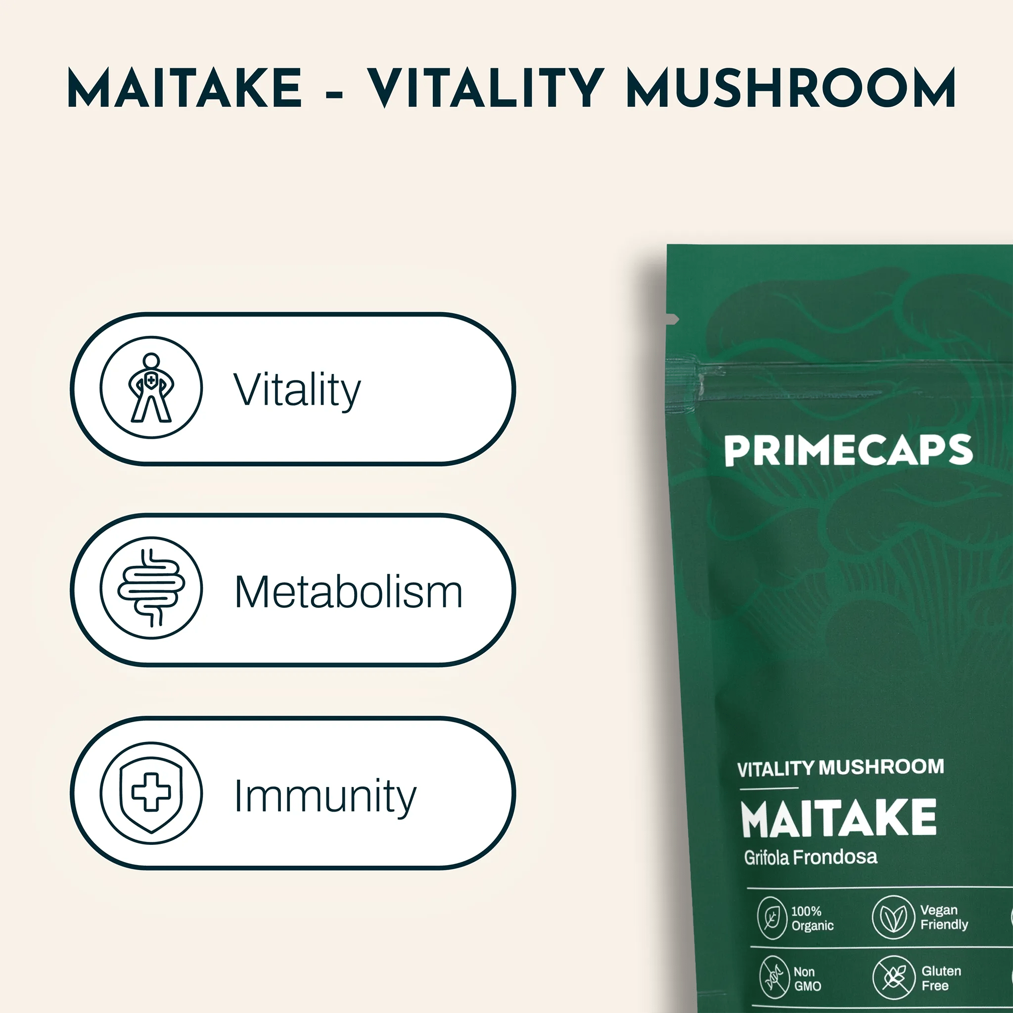 PRIMECAPS Maitake pouch showing benefits: vitality, metabolism, immune support