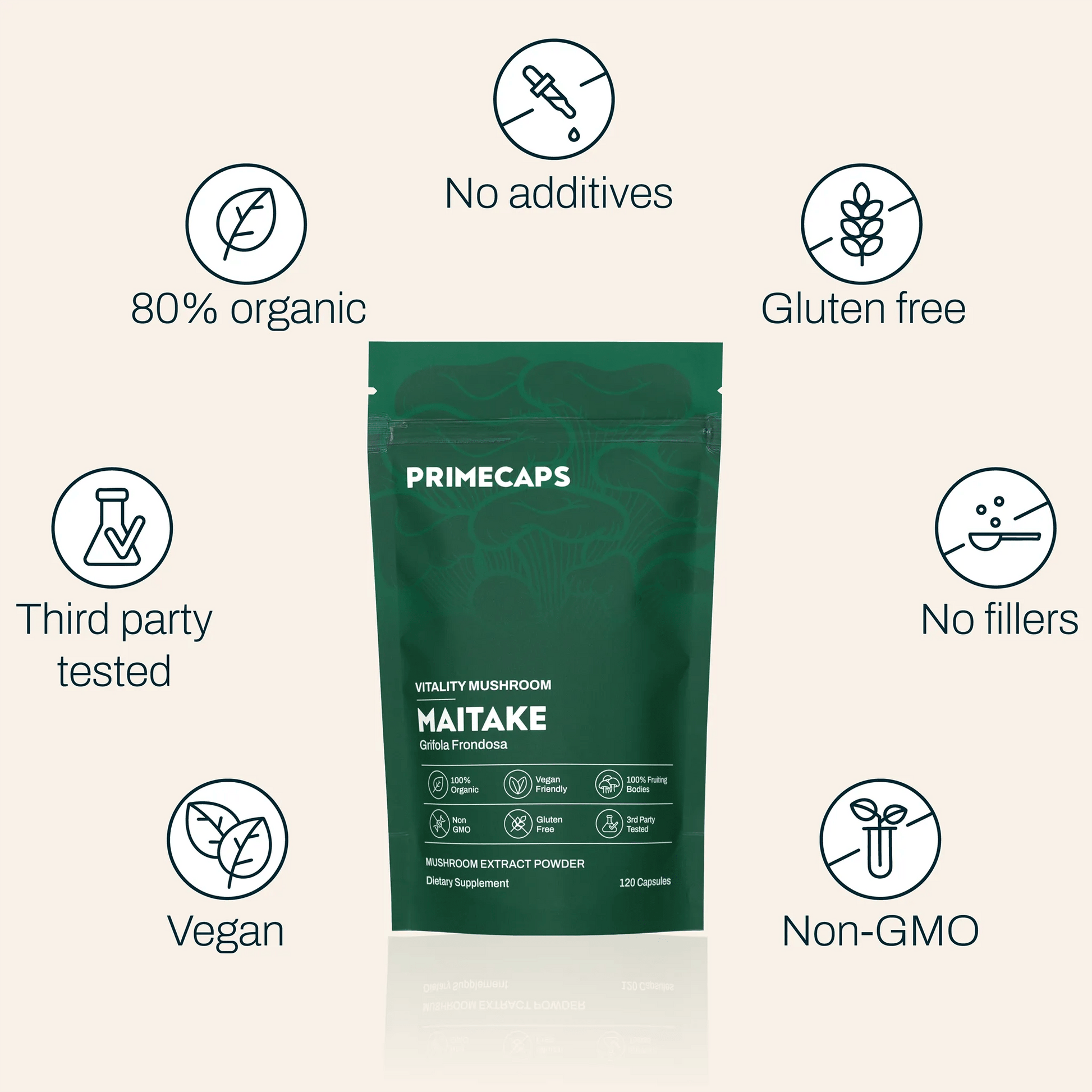 PRIMECAPS Maitake supplement with icons: fruiting body only, organic, third-party tested, non-GMO, no fillers, 120 capsules