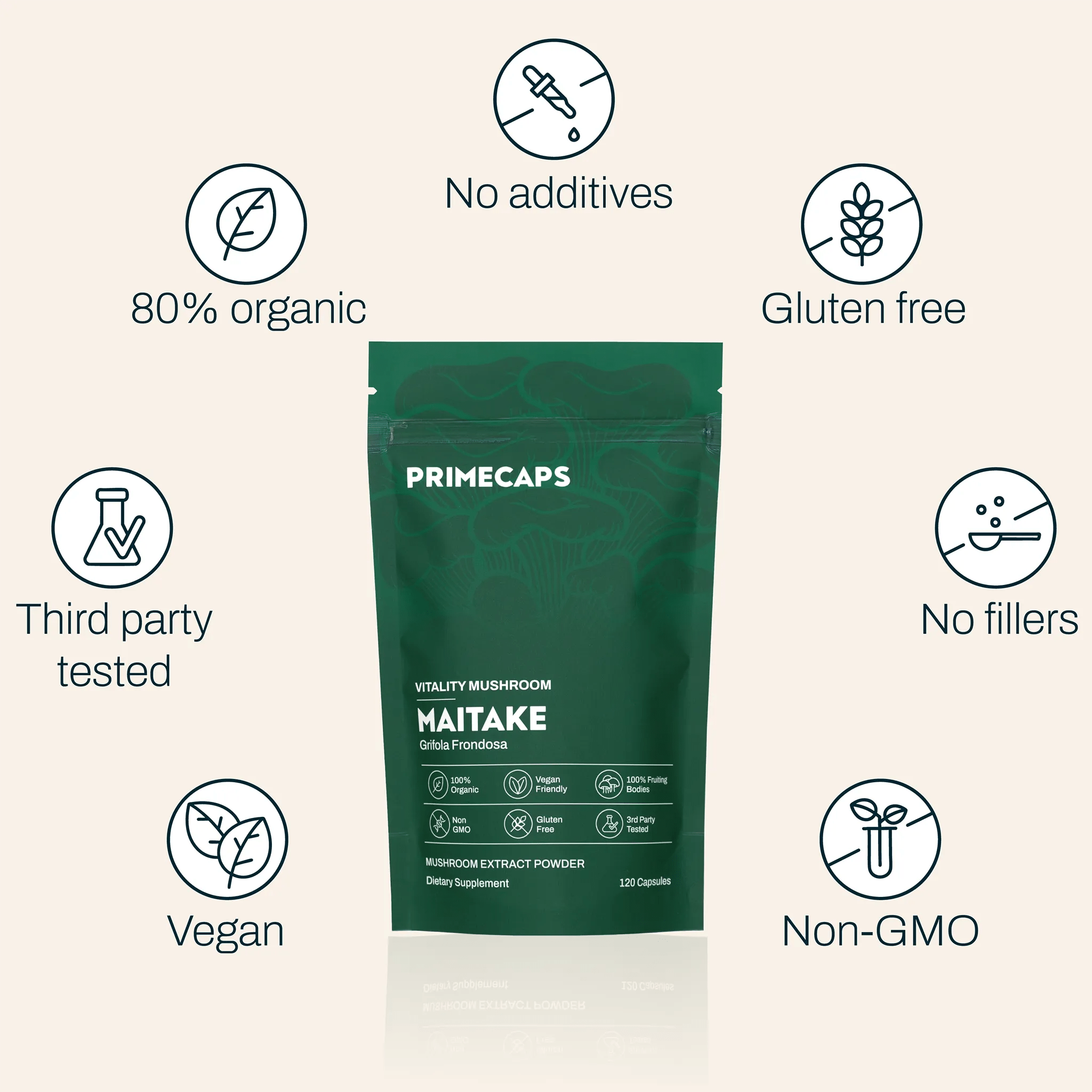PRIMECAPS Maitake supplement with icons: fruiting body only, organic, third-party tested, non-GMO, no fillers, 120 capsules