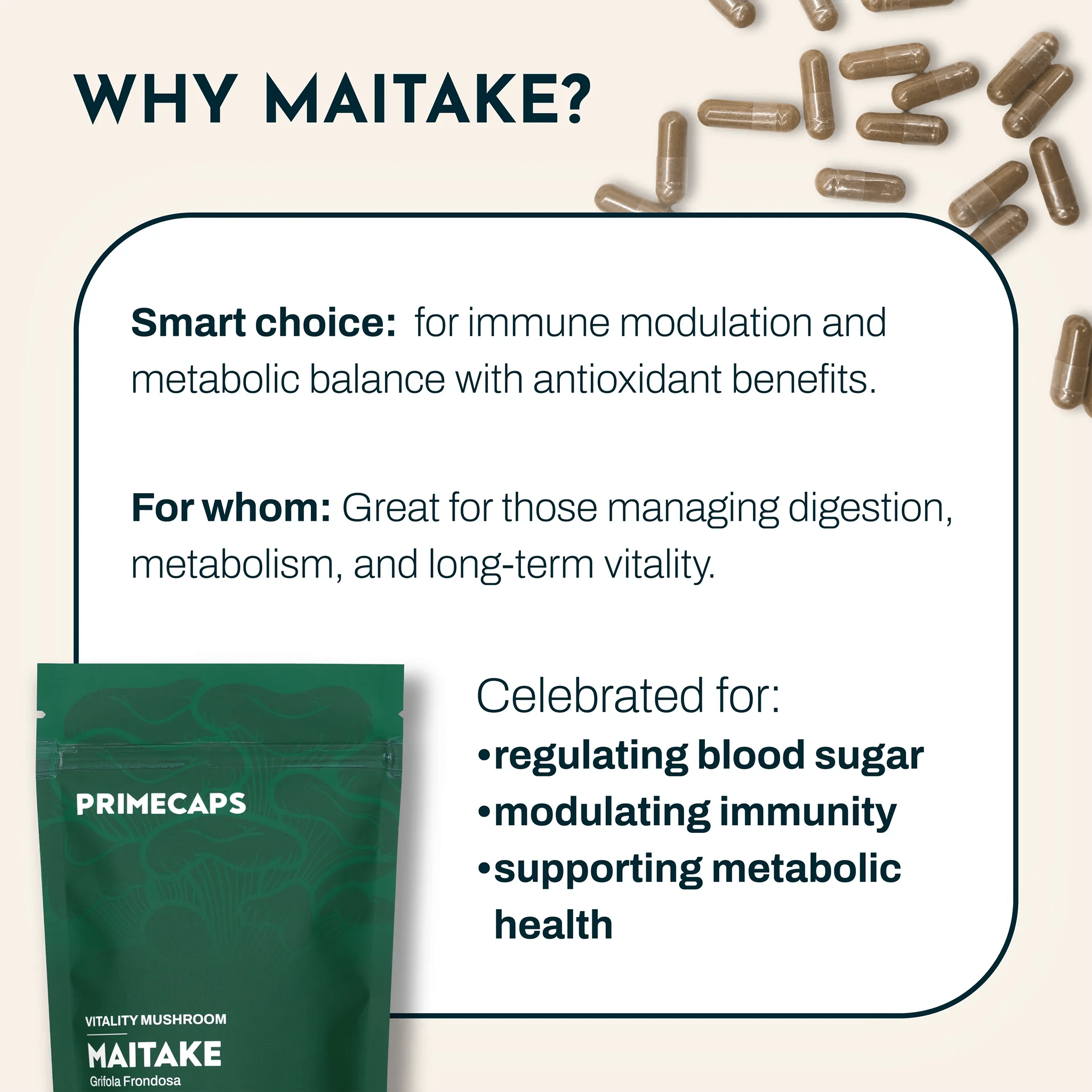 PRIMECAPS Maitake vitality mushroom with explanation of benefits and and who it may be useful for