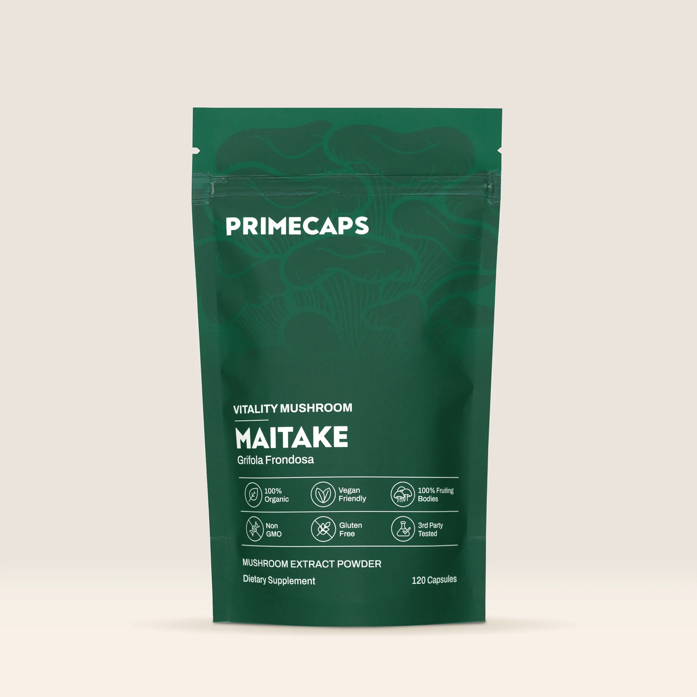 PRIMECAPS Maitake vitality mushroom supplement pouch, premium organic stand-up packaging