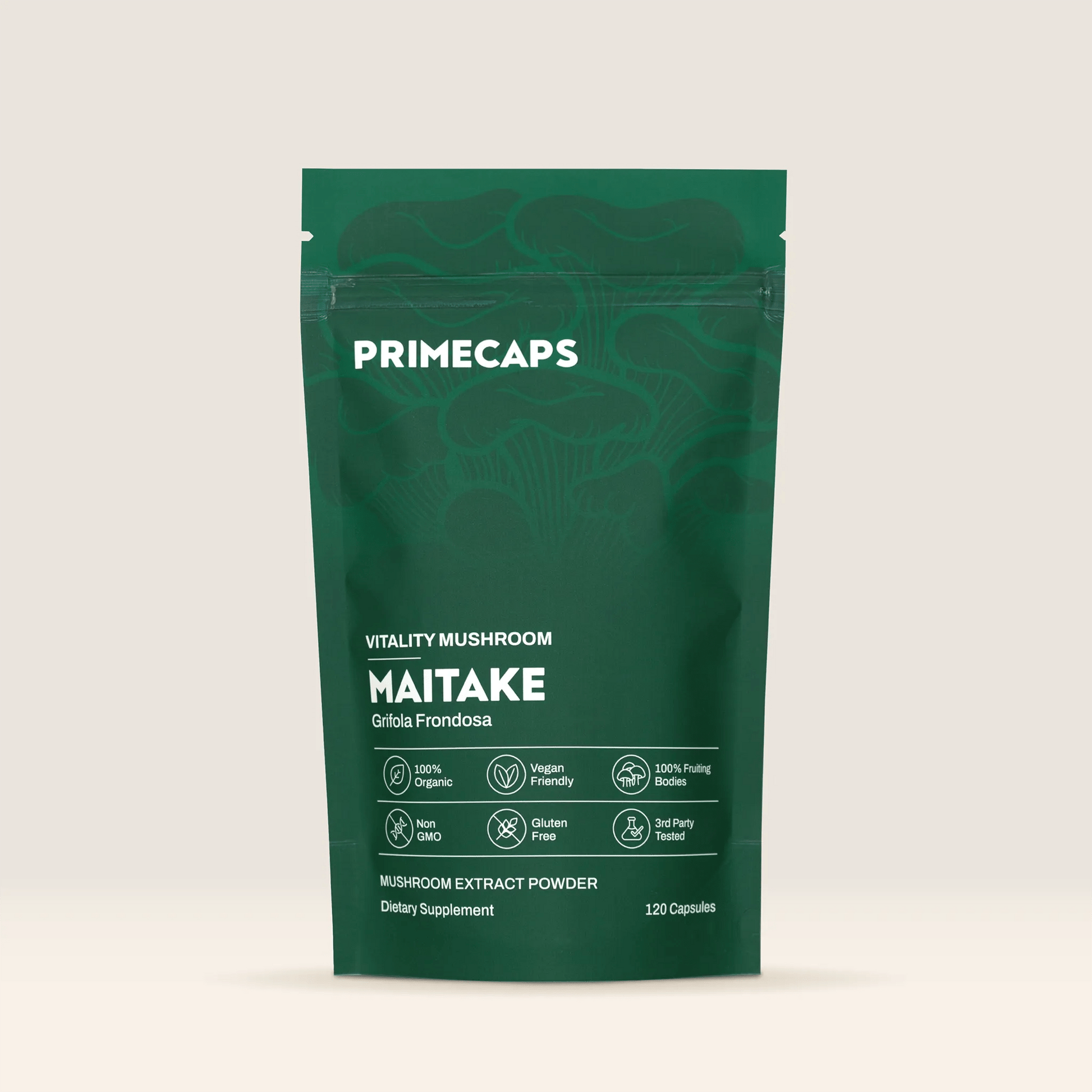 PRIMECAPS Maitake vitality mushroom supplement pouch, premium organic stand-up packaging