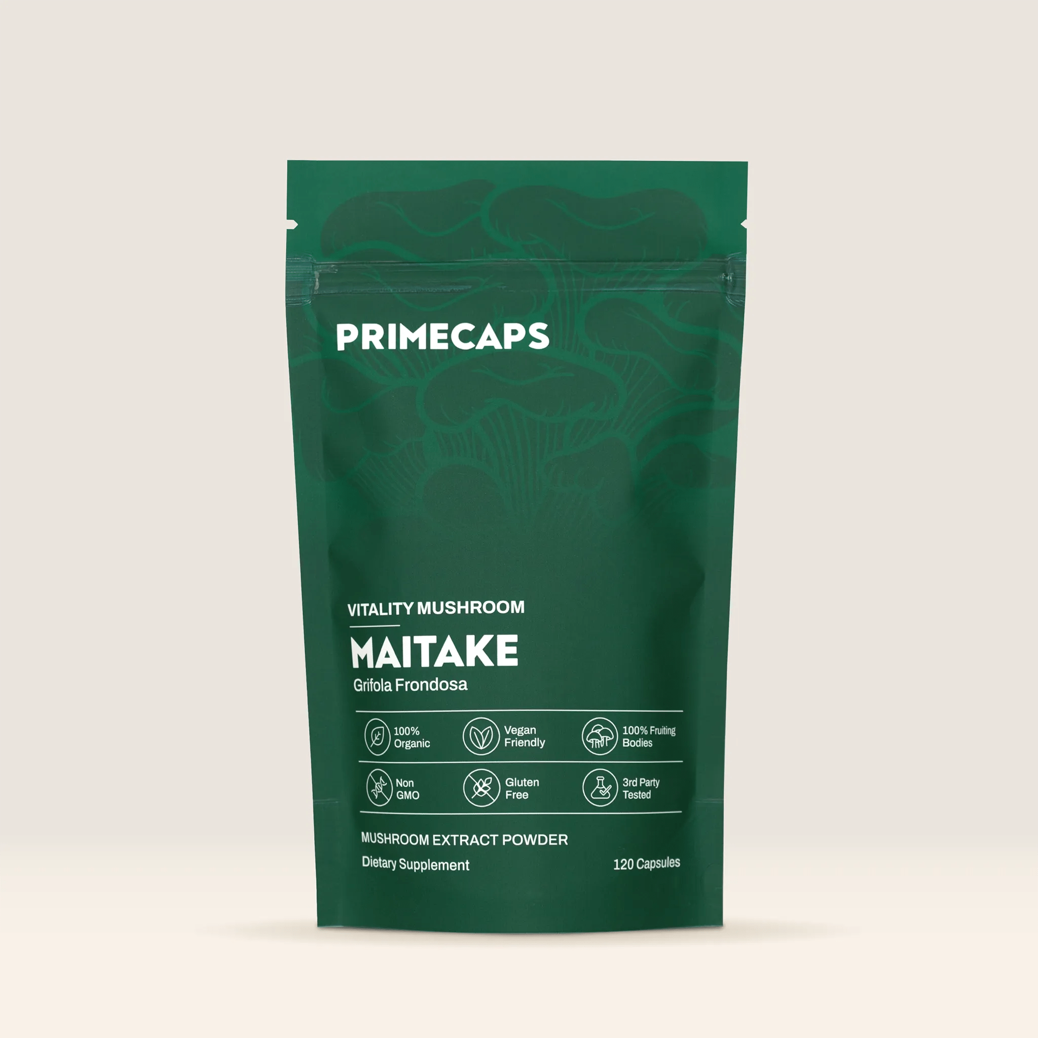 PRIMECAPS Maitake vitality mushroom supplement pouch, premium organic stand-up packaging