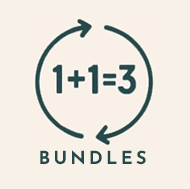 Logo with '1+1=3 BUNDLES' text on a beige background