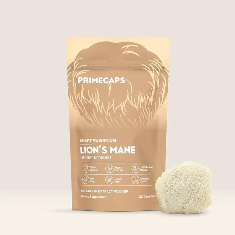 PRIMECAPS Lion’s Mane stand-up pouch with a fresh Lion’s Mane mushroom placed beside the packaging.