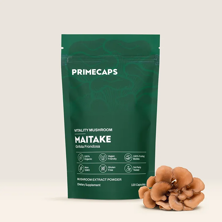PRIMECAPS Maitake stand-up pouch displayed with a Maitake mushroom cluster beside the packaging.