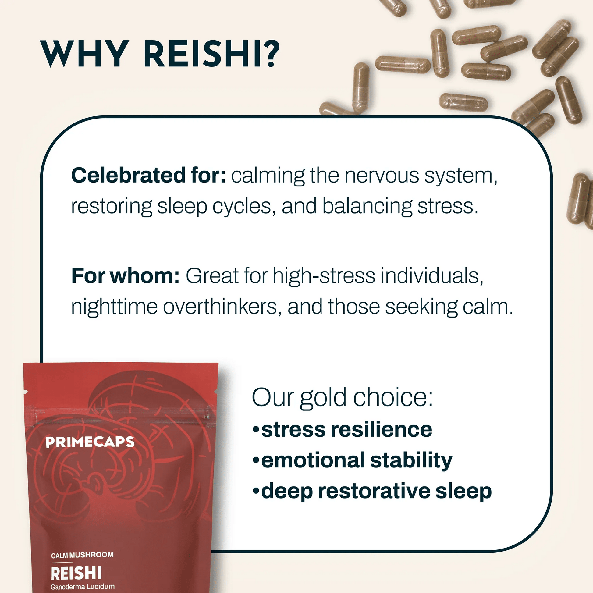 PRIMECAPS Reishi calm mushroom with explanation of its benefits and who it is for