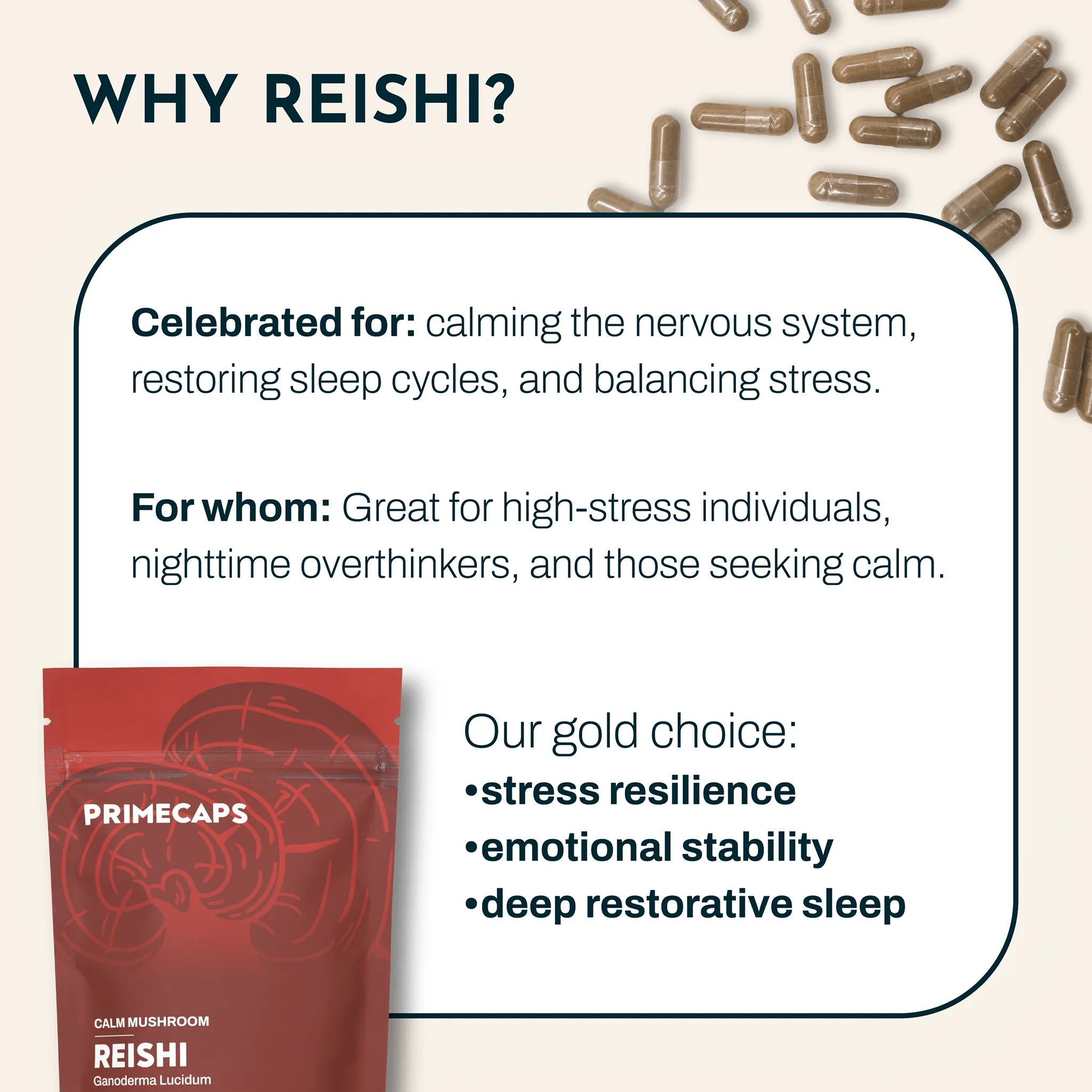 PRIMECAPS Reishi calm mushroom with explanation of its benefits and who it is for