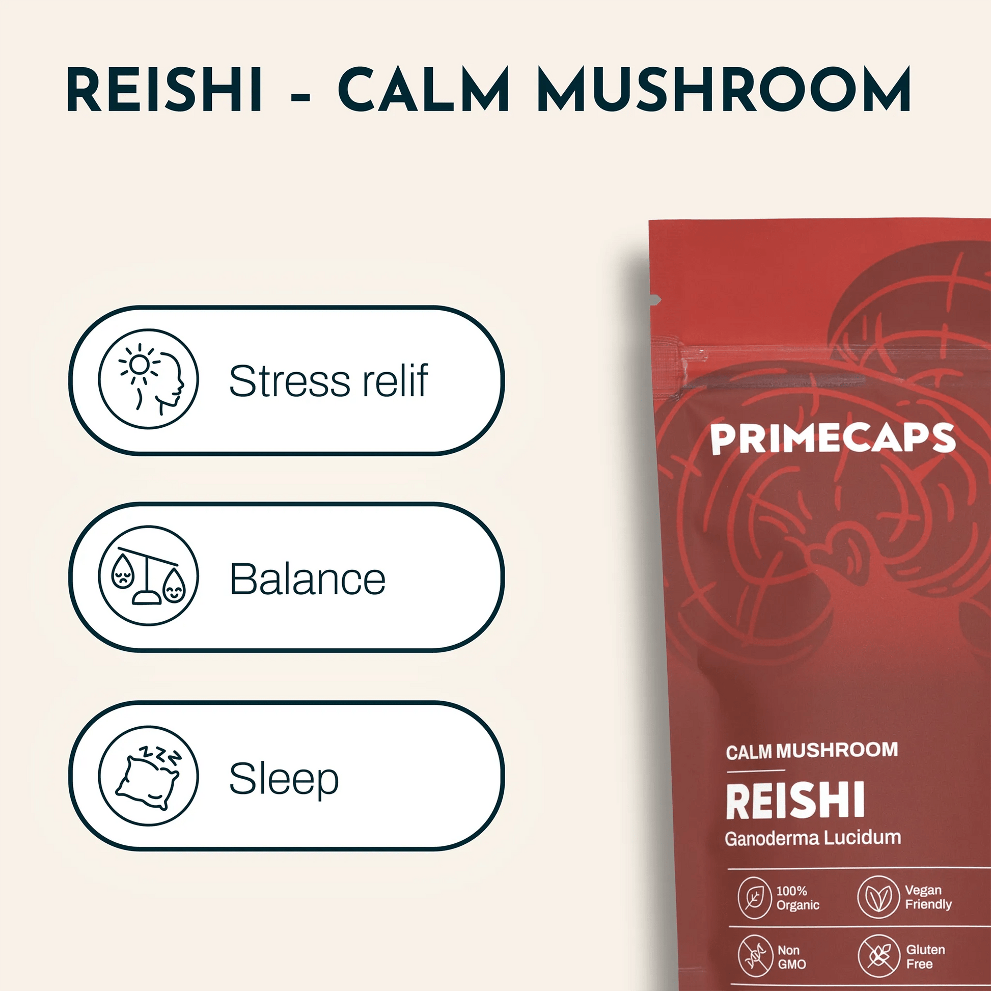 PRIMECAPS Reishi pouch showing key benefits: stress relief, balance, sleep support
