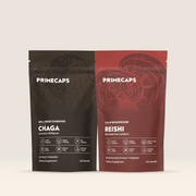 PRIMECAPS Chaga and Reishi pouches standing together in the Deep Defense Kit.