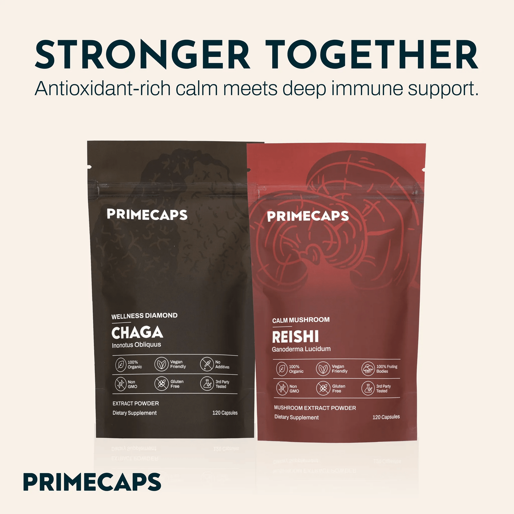 PRIMECAPS Chaga and Reishi pouches with the “Deep Defense Kit” slogan above.