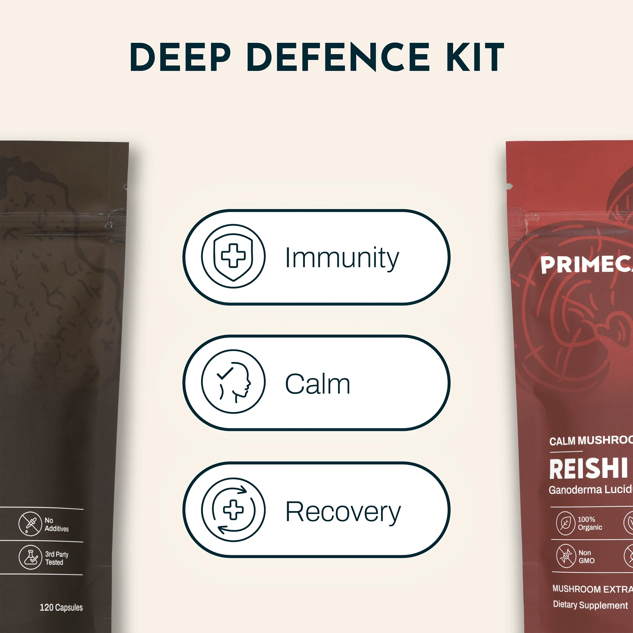 PRIMECAPS Chaga and Reishi pouches with key benefits: immunity support, calm, recovery.