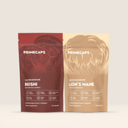 PRIMECAPS Reishi and Lion’s Mane pouches standing together in the Mood and Balance Kit.