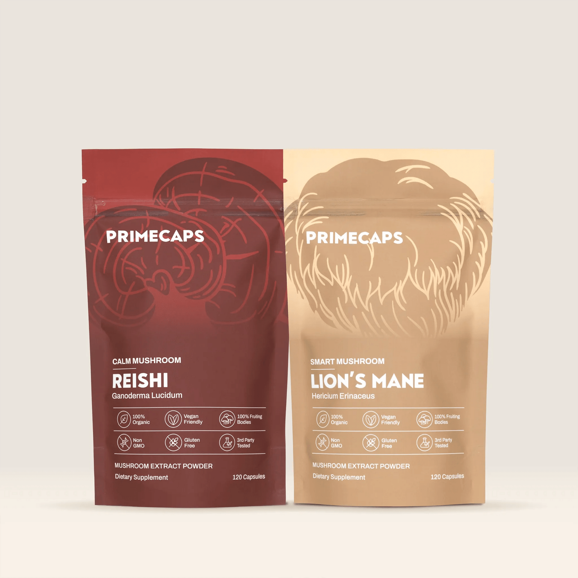 PRIMECAPS Reishi and Lion’s Mane pouches standing together in the Mood and Balance Kit.