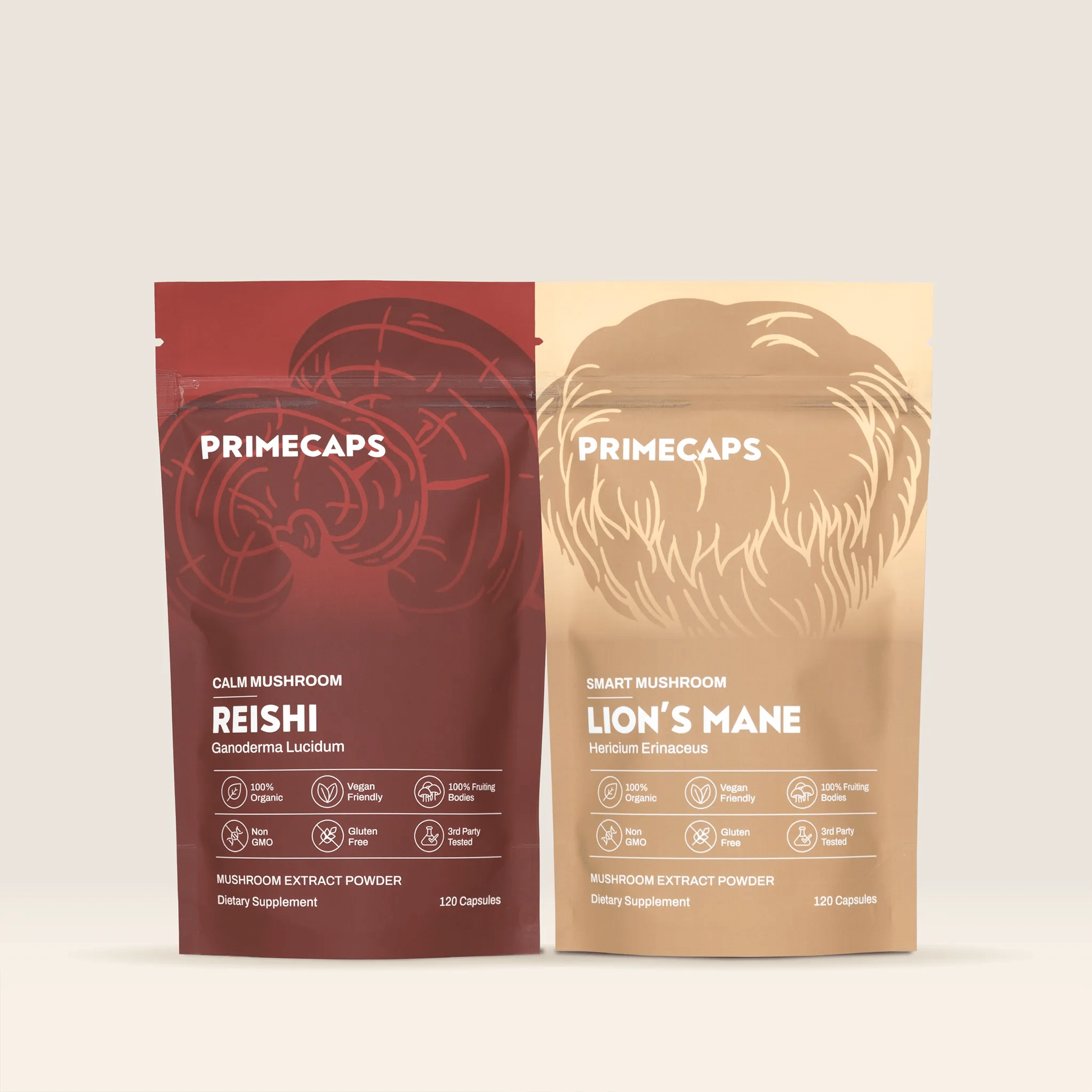 PRIMECAPS Reishi and Lion’s Mane pouches standing together in the Mood and Balance Kit.