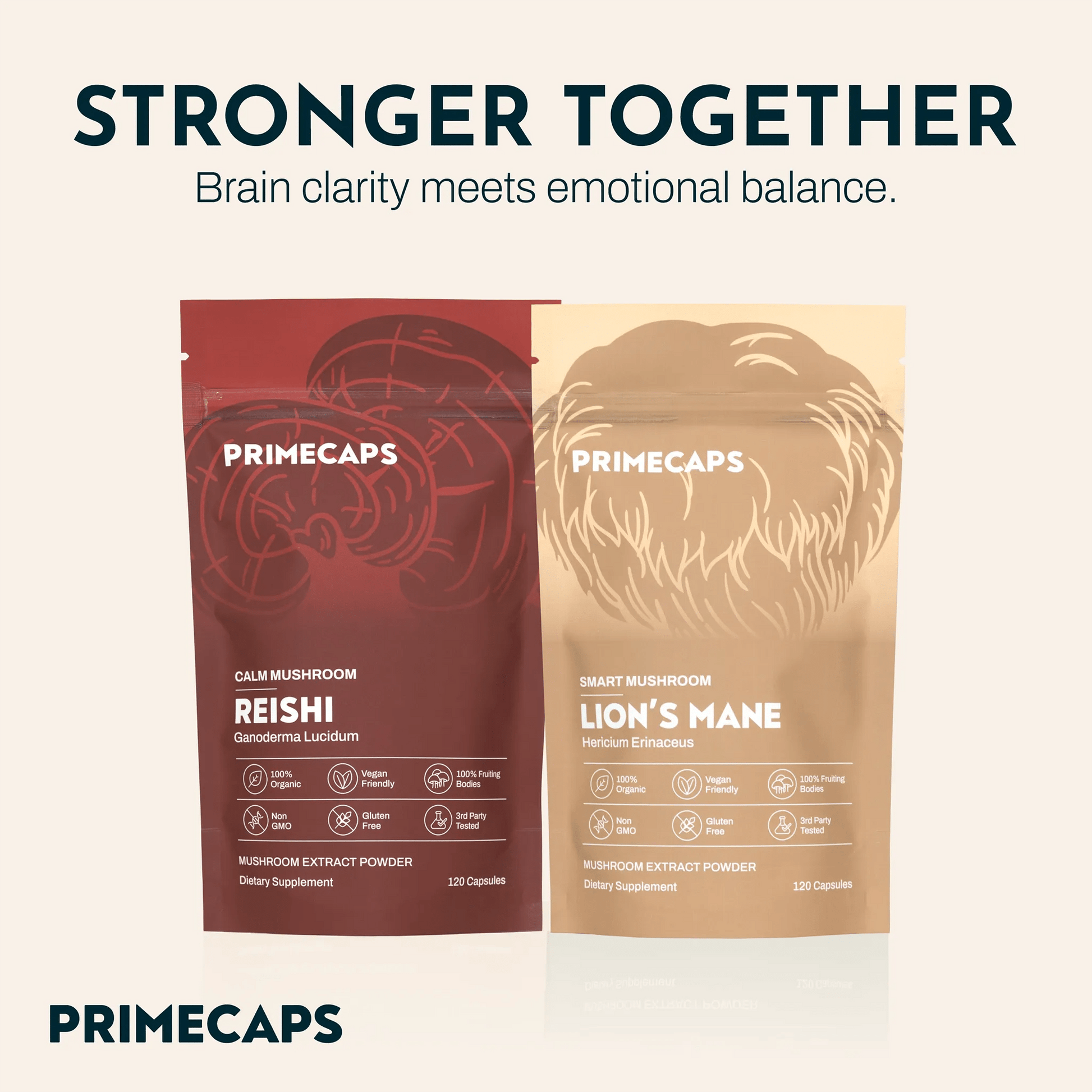 PRIMECAPS Reishi and Lion’s Mane pouches with the “Mood and Balance Kit” slogan above.