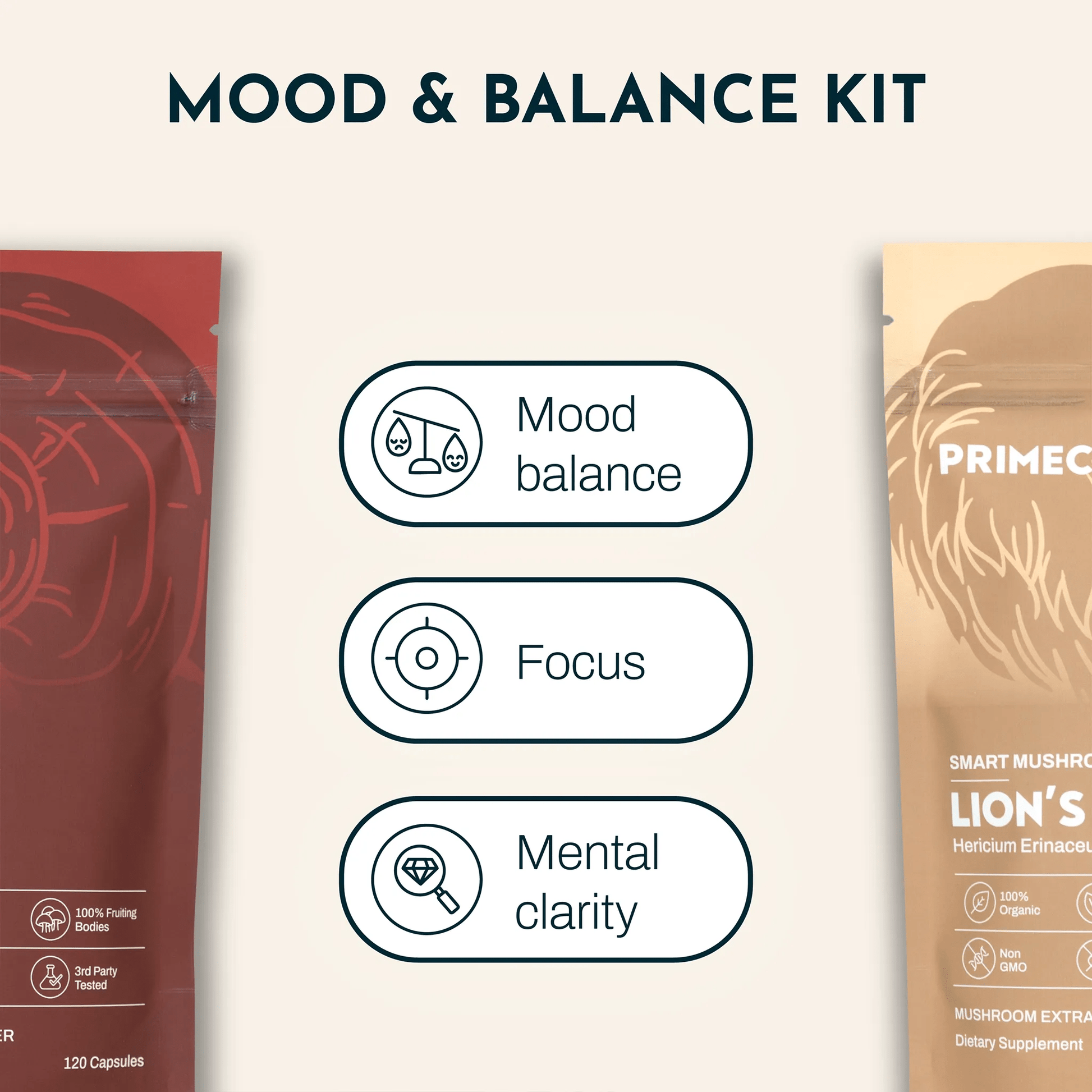 PRIMECAPS Reishi and Lion’s Mane pouches with benefits shown: mood balance, focus, mental clarity.