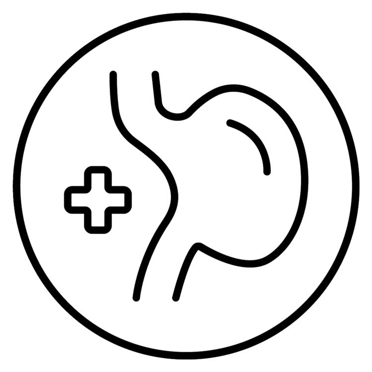 PRIMECAPS black line-art icon representing digestive health.